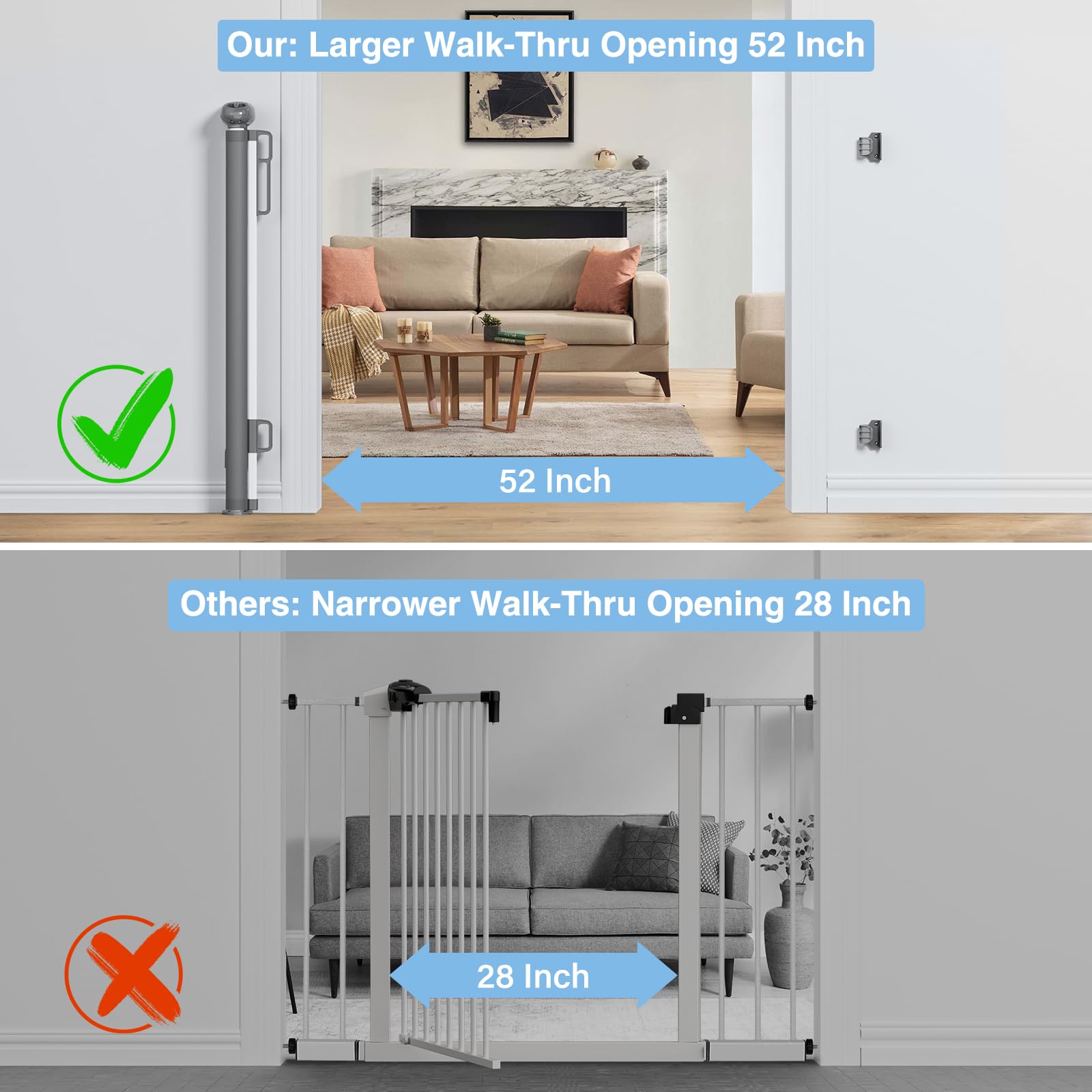 Retractable Baby Gates For Stairs, Probebi Retractable Dog Gate Indoor Extends To 72' Wide 34' Tall, Child Gates For Doorways, Stair Gate Use For Outdoor, Hallways, Doorways, Deck, Porch