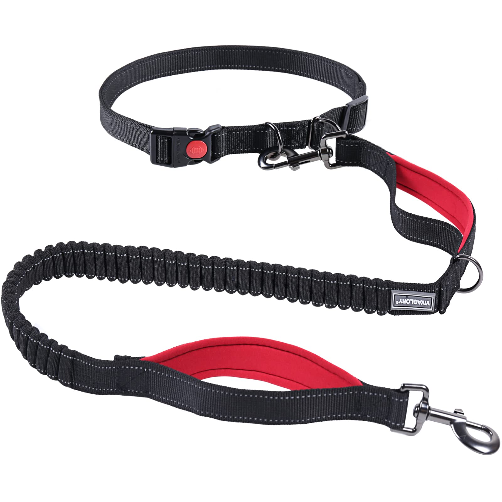 Vivaglory Hands Free Dog Leash With Shock-Absorbing Bungee For Medium & Large Dogs, Reflective Adjustable Waist Leash With Dual Padded Handle For Walking, Jogging, Running, Hiking, Black-Red