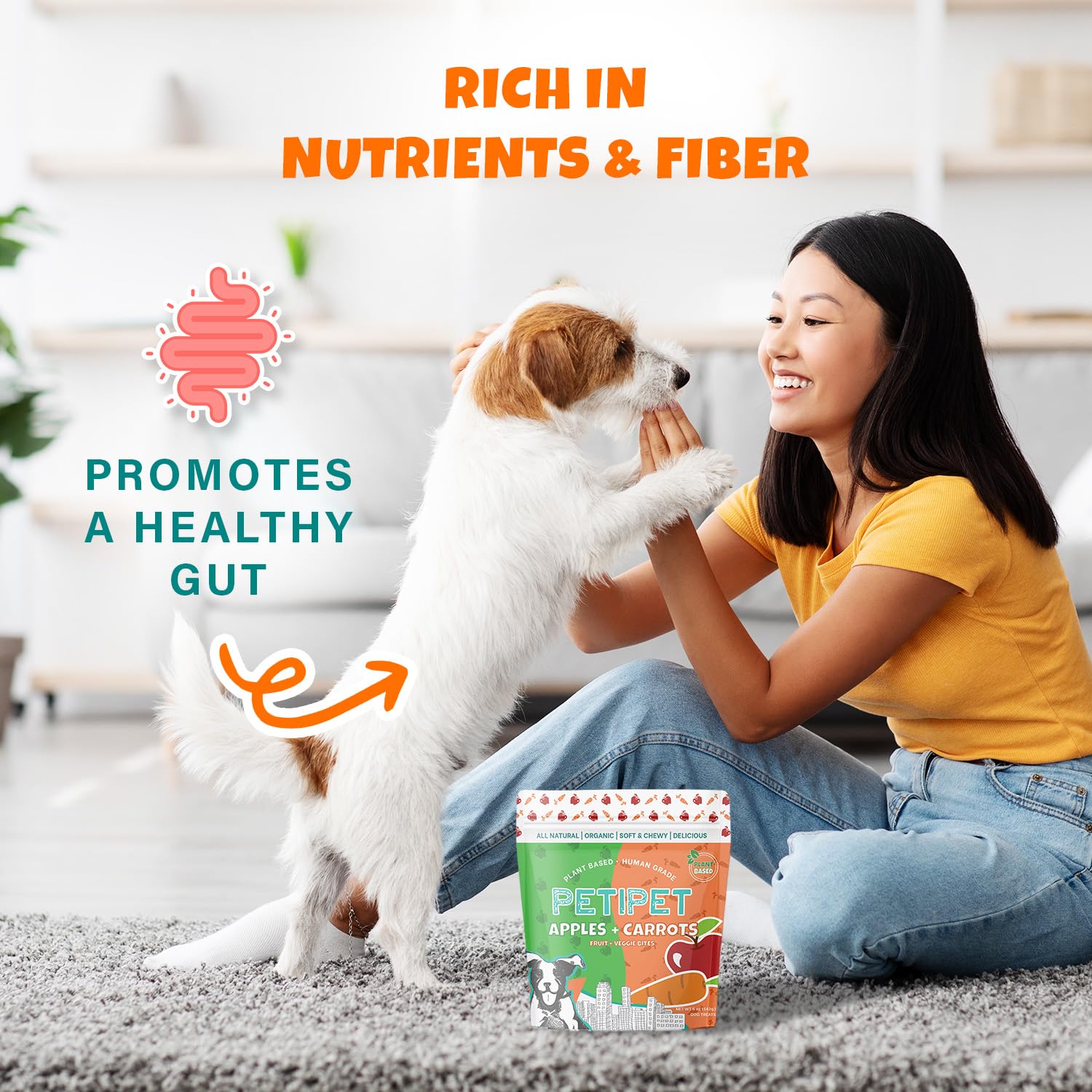 PETIPET Apples+Carrots Plant-Based Fruit Dog Treats - Carrot and Apple Soft & Chewy - Healthy Vegetarian, Vegan Dog Treats with