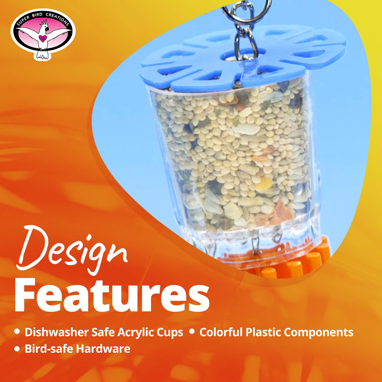 Super Bird Creations SB632 Foraging Bottom?s Up Bird Toy with Clear Acrylic Cups, Medium /Large Bird Size, 18? x 2.5?