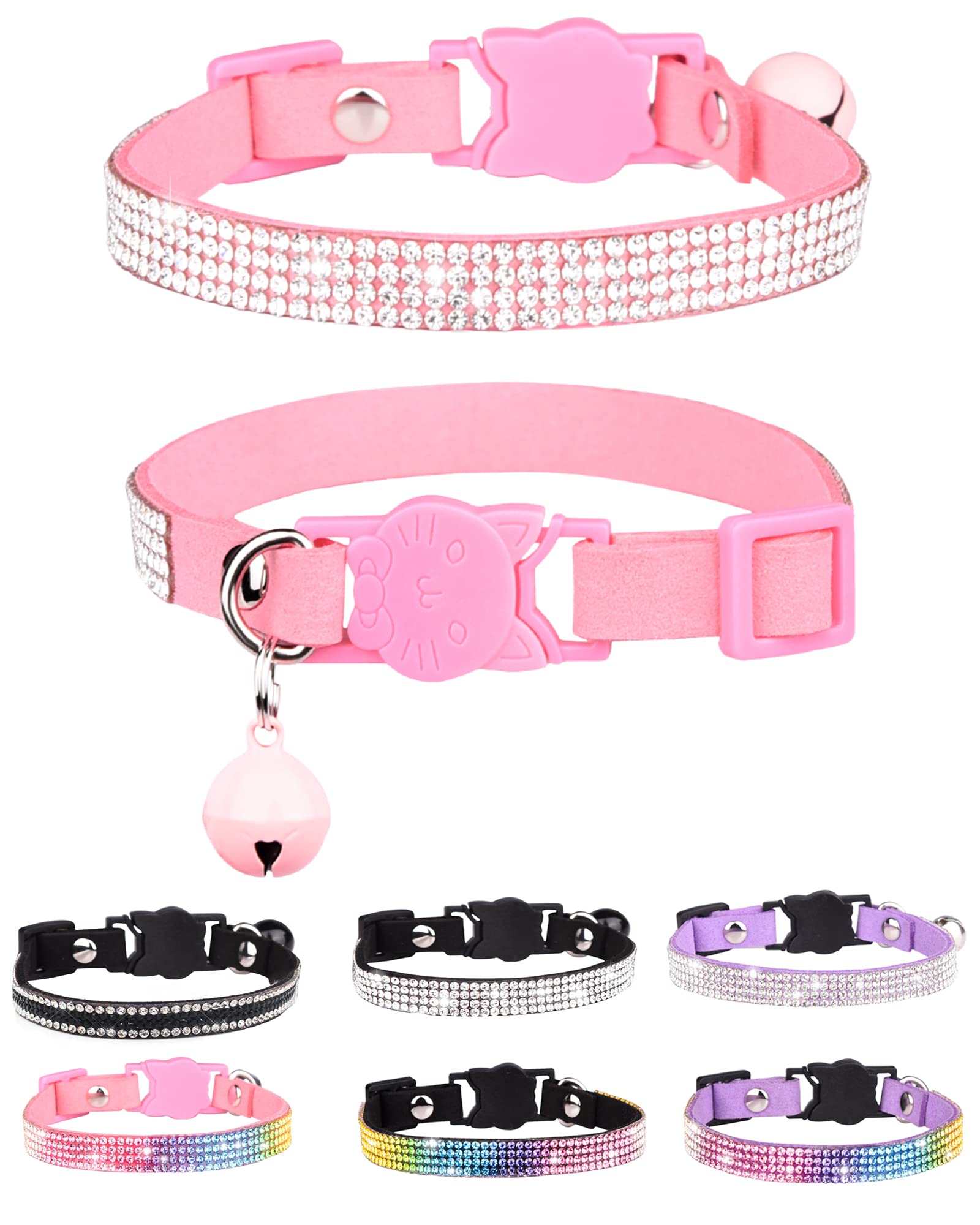 Aecllcea Cat Collars For Girl Cats With Rhinestone Soft Velvet,Breakaway Cat Collars With Bell,Adjustable Safe Kitten Collar (Pi