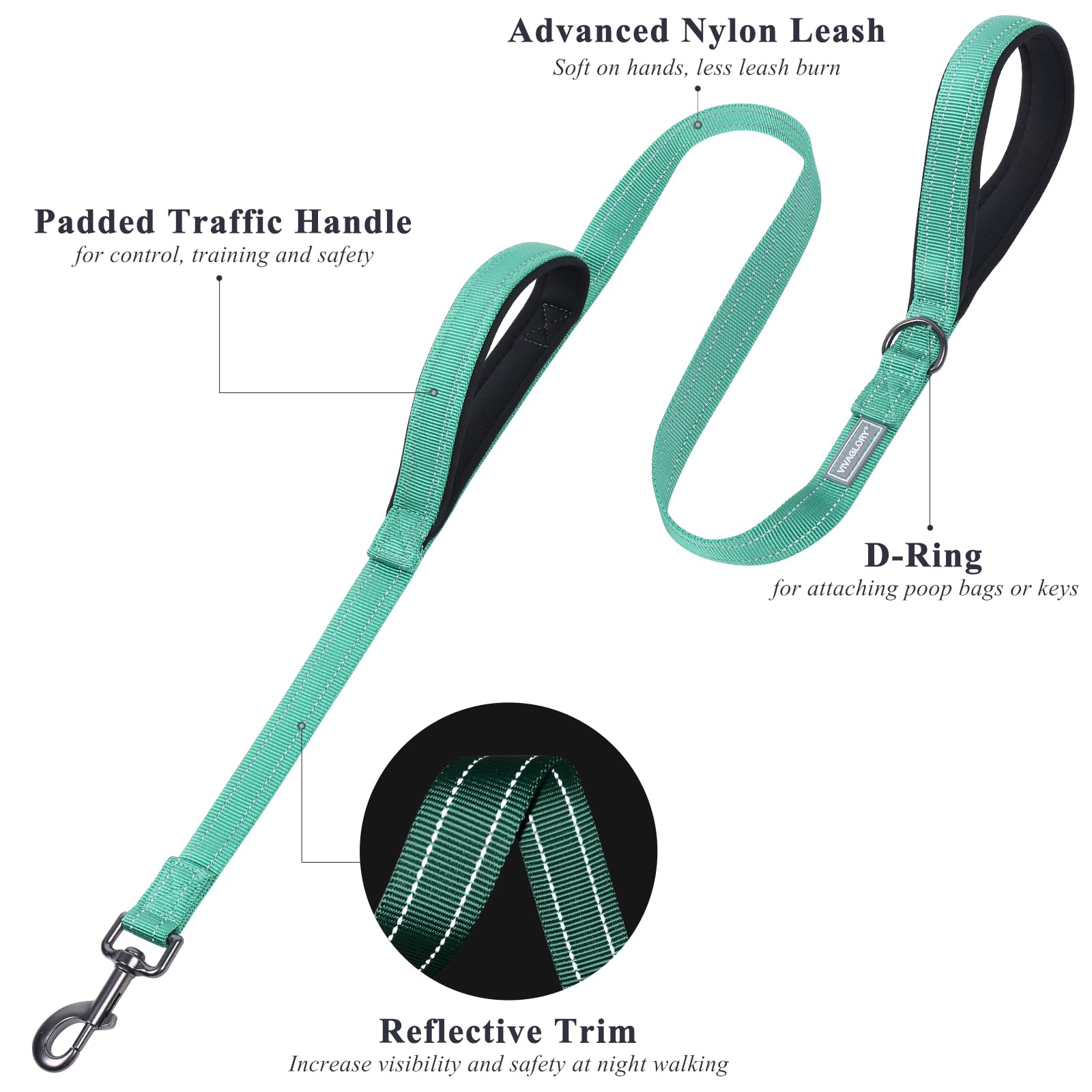 Vivaglory Traffic Handle Dog Leash, Two Padded Soft Handles Dog Leash, Strong Reflective & Metal Hook Training Dog Lead, Turquoi