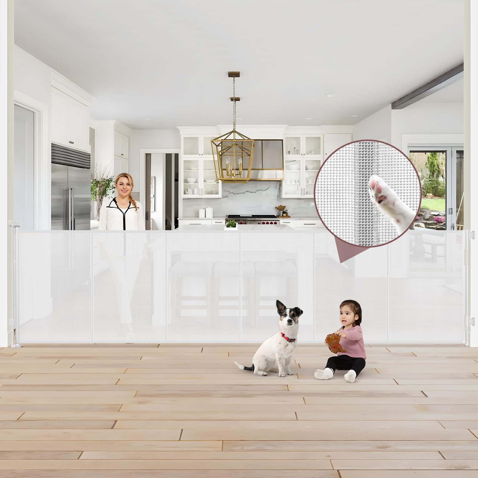 Reinforced 41'' Extra Tall Pet Gate 150'' Extra Wide Retractable Baby Gate with Support Rods, Indoor Extra Long Baby Gates for L