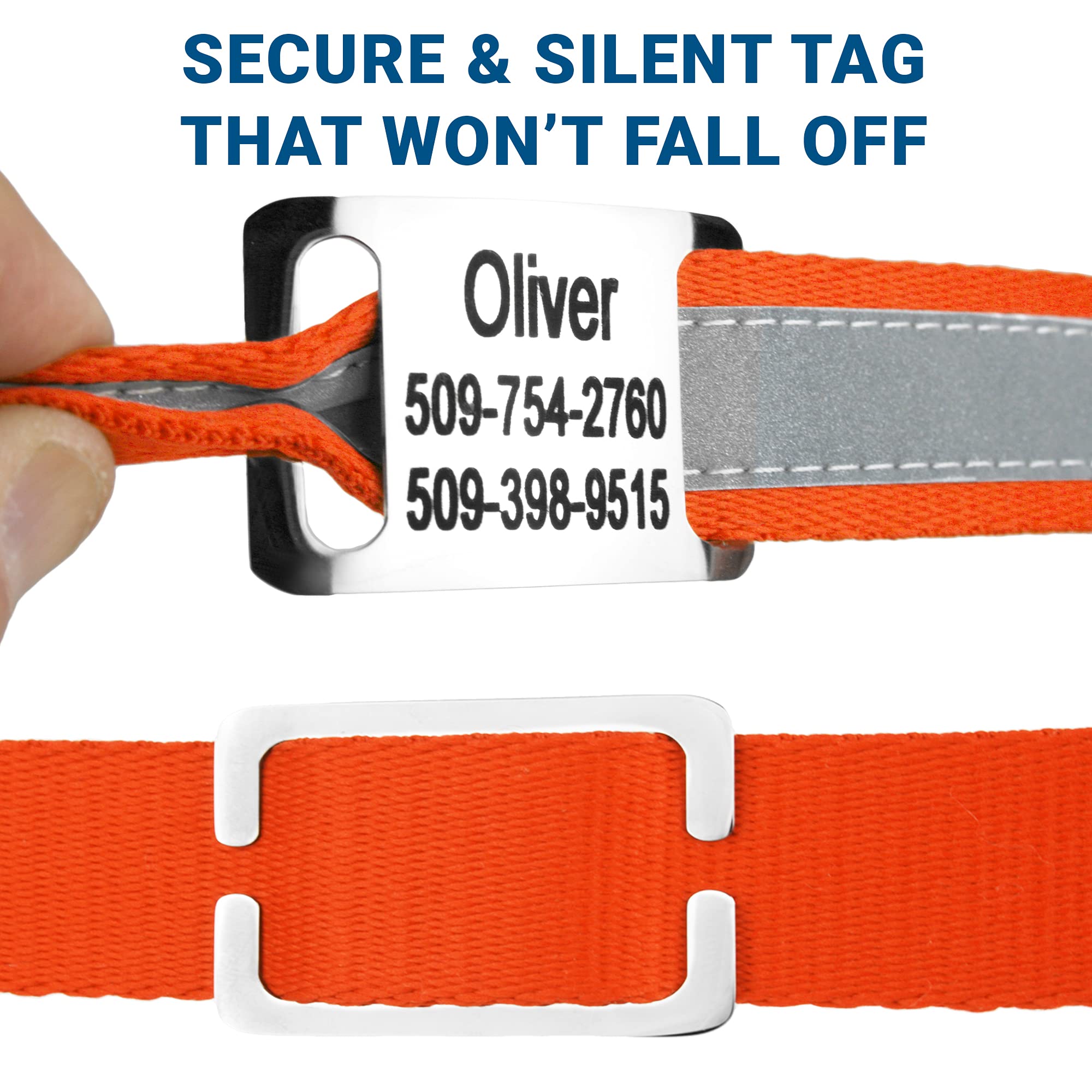 Gotags Reflective Personalized Dog Collar With Nameplate, Adjustable Dog Collar With Custom Engraved Steel Slide On Pet Id Tag,