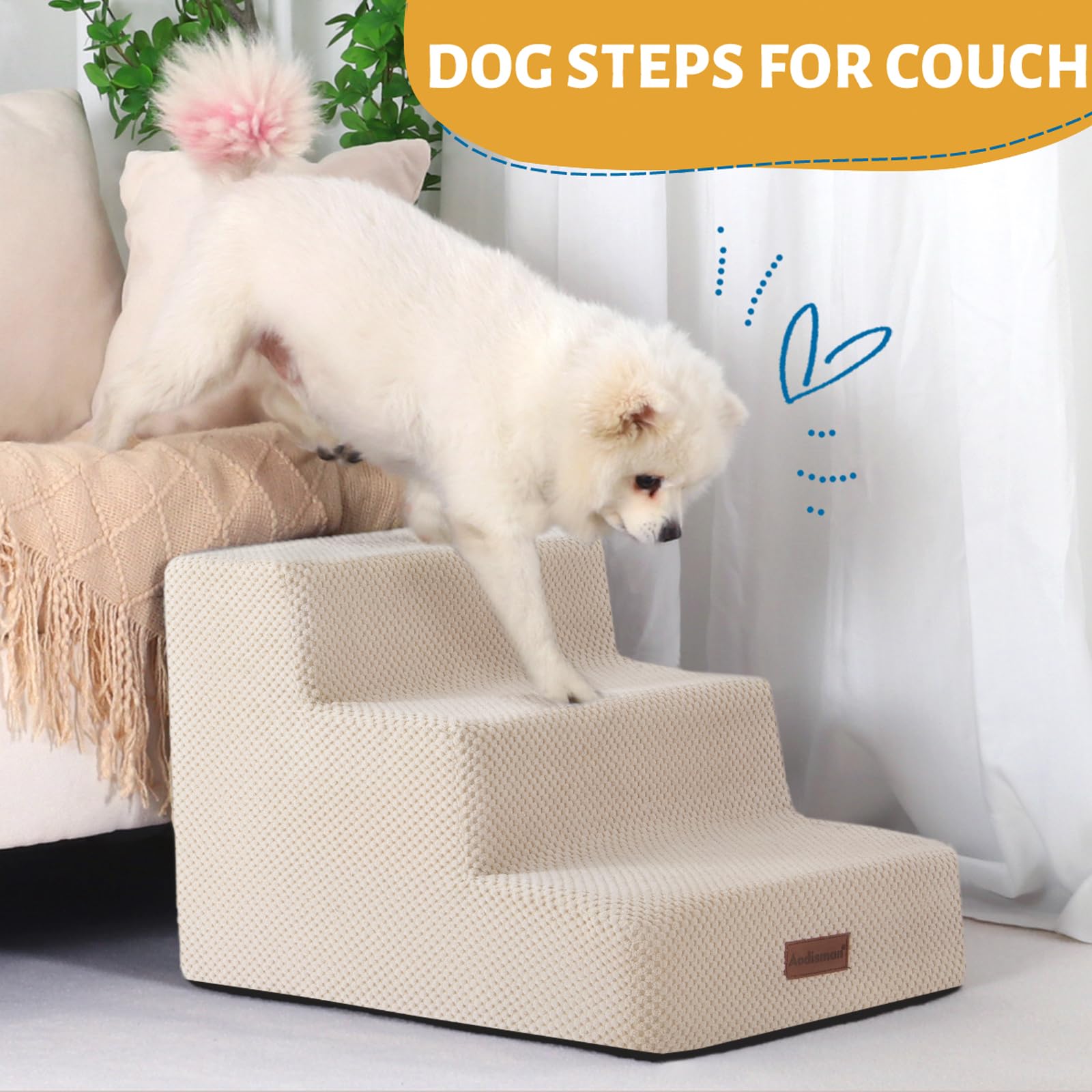 Dog Stairs for Small Dogs & Cats, 3-Step Non-Slip Pet Steps for Couch Sofa and Chair, Beige, 13.6  H