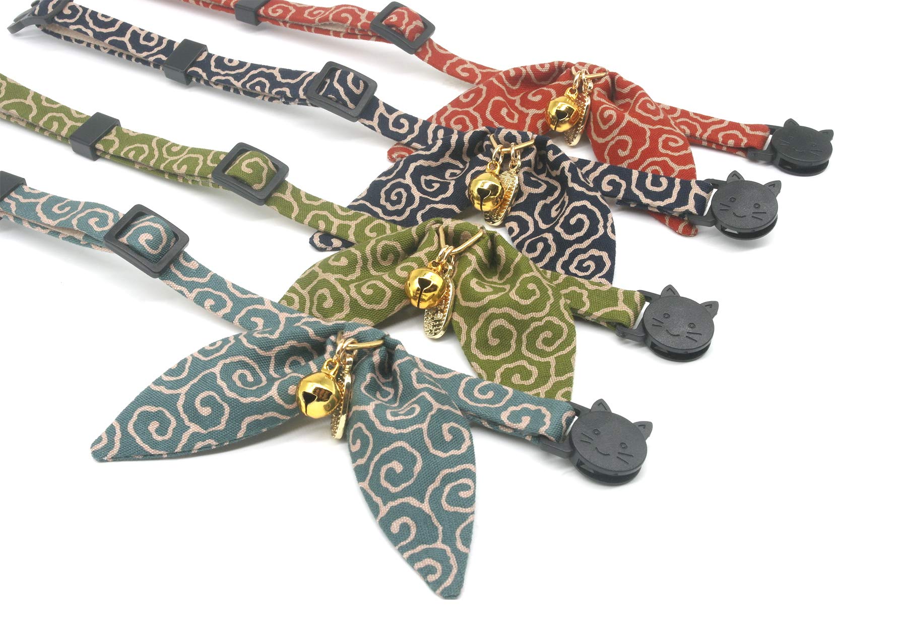 Petsokoo Bunny Ears Cat Collar, Japan Lucky ‘開三運’ Charm. Safety Breakaway Bowtie Kitten Collar With Bell, Navy Blue
