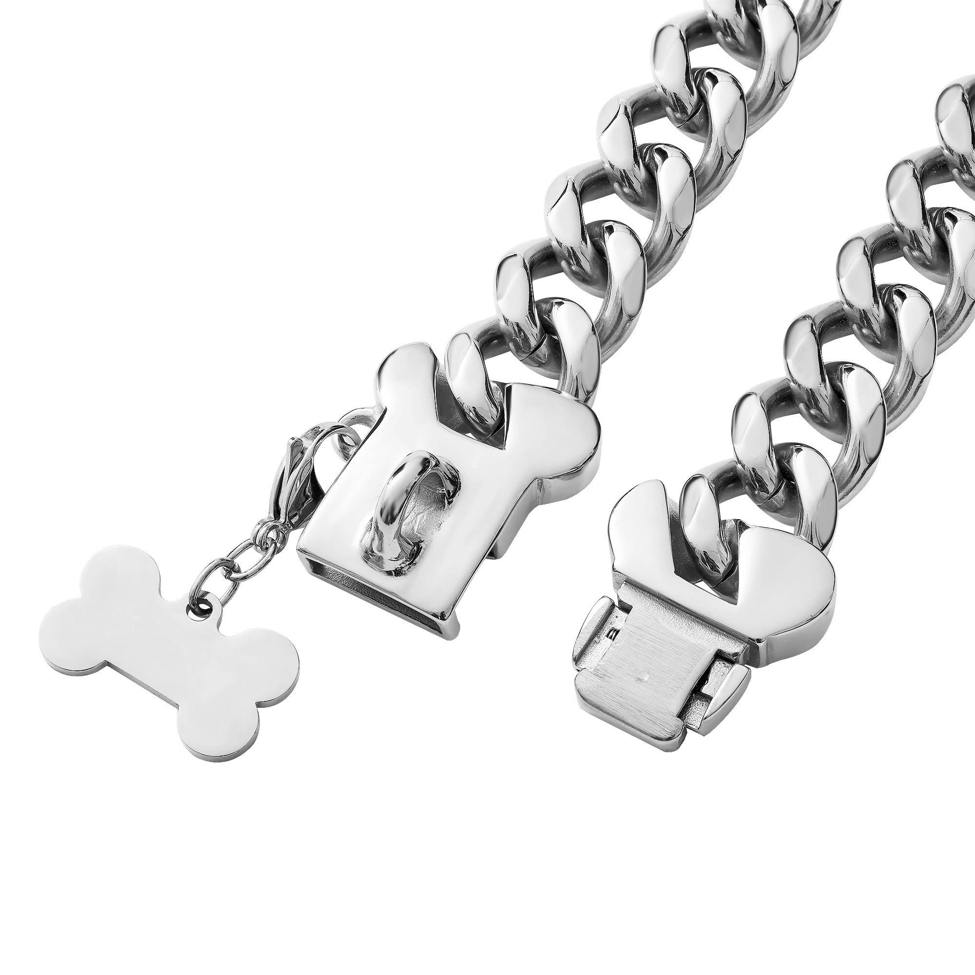 Stainless Steel Cuban Silver Link Heavy Duty Necklace Dog Collar For Small Medium Large Dogs, American Bully French Bulldog Dog