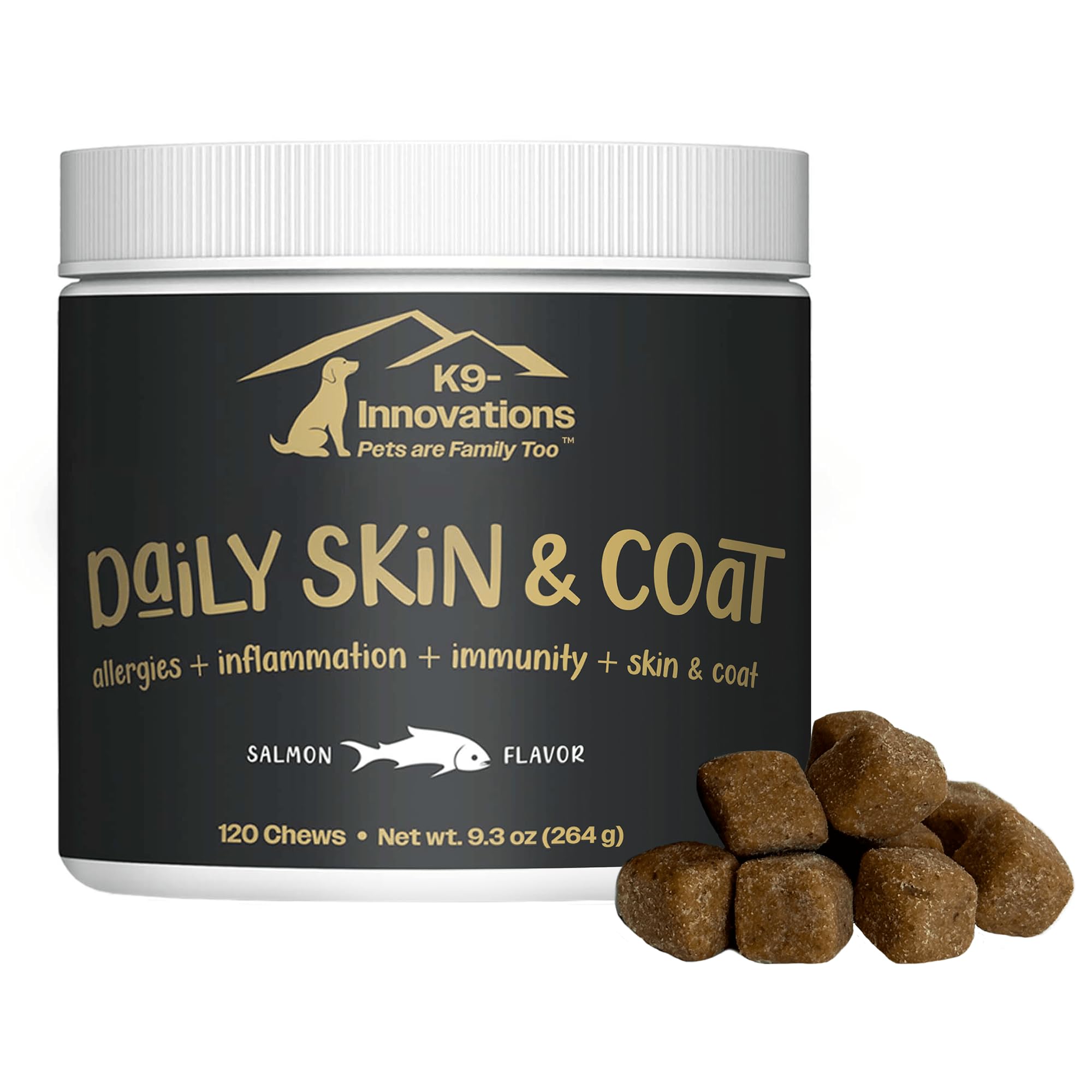 K9-Innovations - Daily Skin & Coat Dog Chews Salmon Flavor - Reduce Itching & Paw Chewing, Omega 3 & VIT C for Skin Health - 1-4