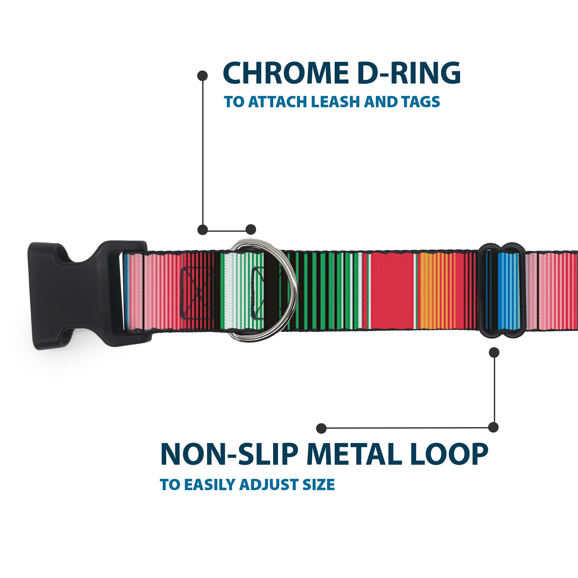 Buckle-Down Plastic Clip Collar - Zarape5 Vertical Multi Color Stripe - 1.5' Wide - Fits 18-32' Neck - Large