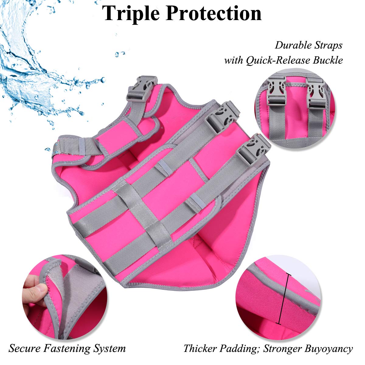 Vivaglory Neoprene Dog Life Jacket Dog Lifejacket For Boating Hunting & Swimming, Lightweight With Leash Ring, M, Pink