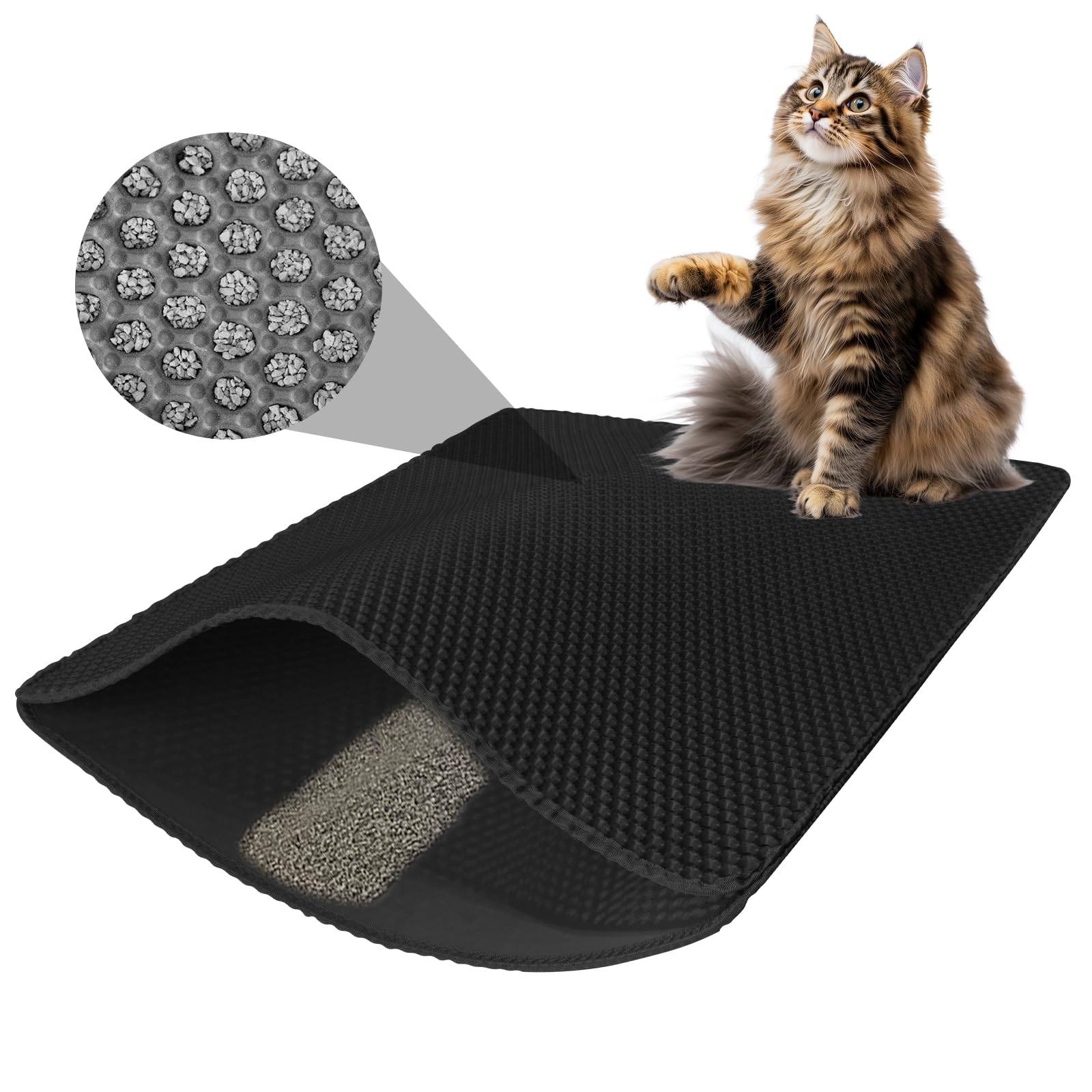 Tzhykphome Cat Litter Mat, Black, 35''X23'', Honeycomb Double Layer, Non-Slip, Waterproof & Urine Proof, Scatter Control, Washab