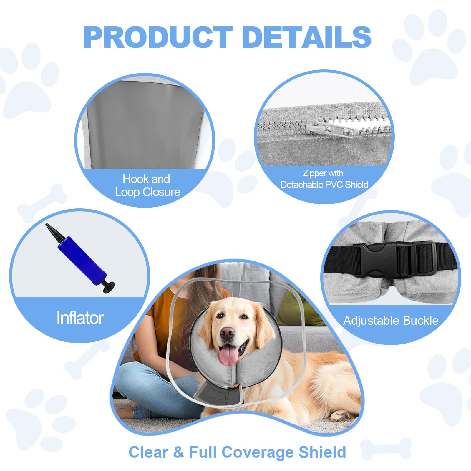 Inflatable Dog Cone, Soft Dog Cone After Surgery, for M M+ L XL Dogs, with Detachable Anti Licking Shield and Inflator, 2 in 1 A