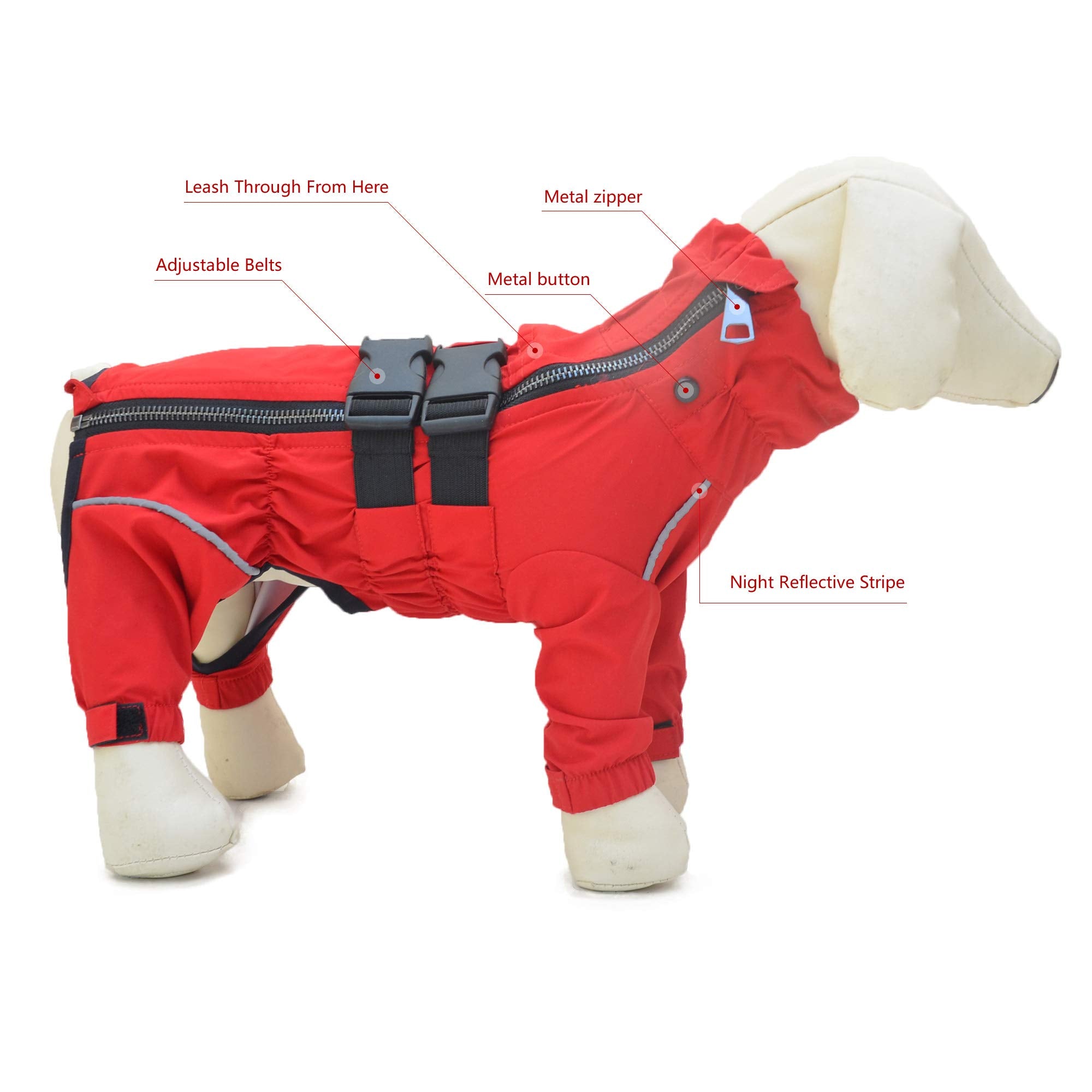 Dogs Waterproof Jacket, Lightweight Waterproof Jacket Reflective Safety Dog Raincoat Windproof Snow-Proof Dog Vest For Small Medium Large Dogs Red Xs