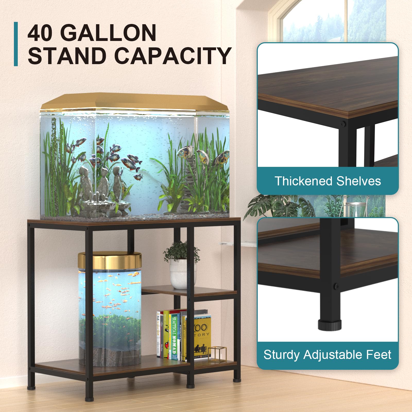 VANVERB Fish Tank Stand for 40 Gallon, Wood Aquarium Stand with Shelves for Fish Tank Accessories Storage, 660LBS Capacity