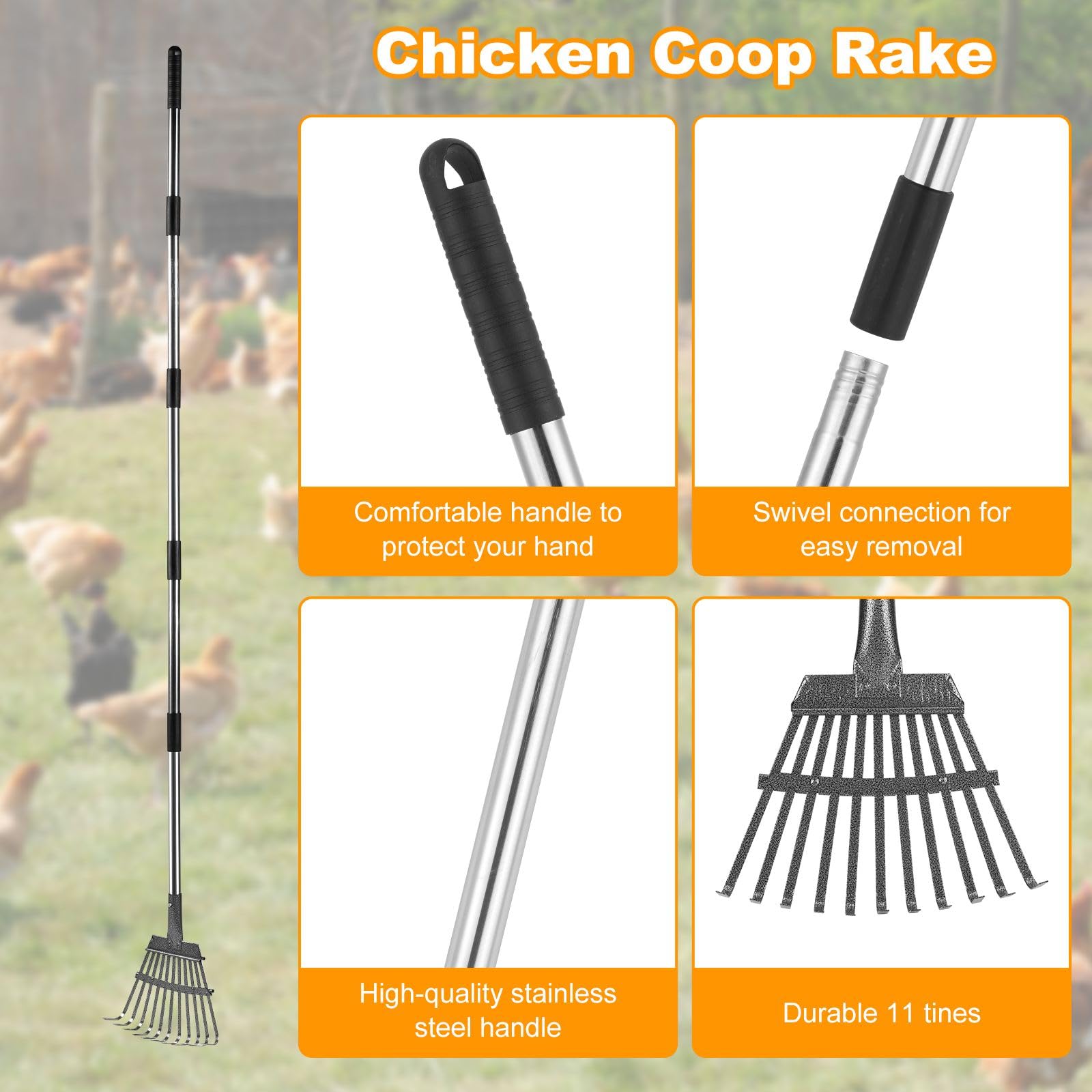 Chicken Poop Scooper Set - Adjustable Coop Scoop with Ergonomic Grip, Rake, Reusable Waste Bag & Gloves - Durable Sand Sifting L