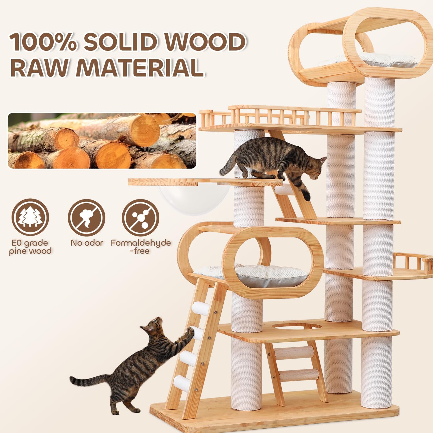 76.8'' Tall Modern Large Cat Tree,Multi-Level Wood Cat Tower For Indoor Cats Large Adults,Luxury Heavy Duty Cat Condo With Cushi