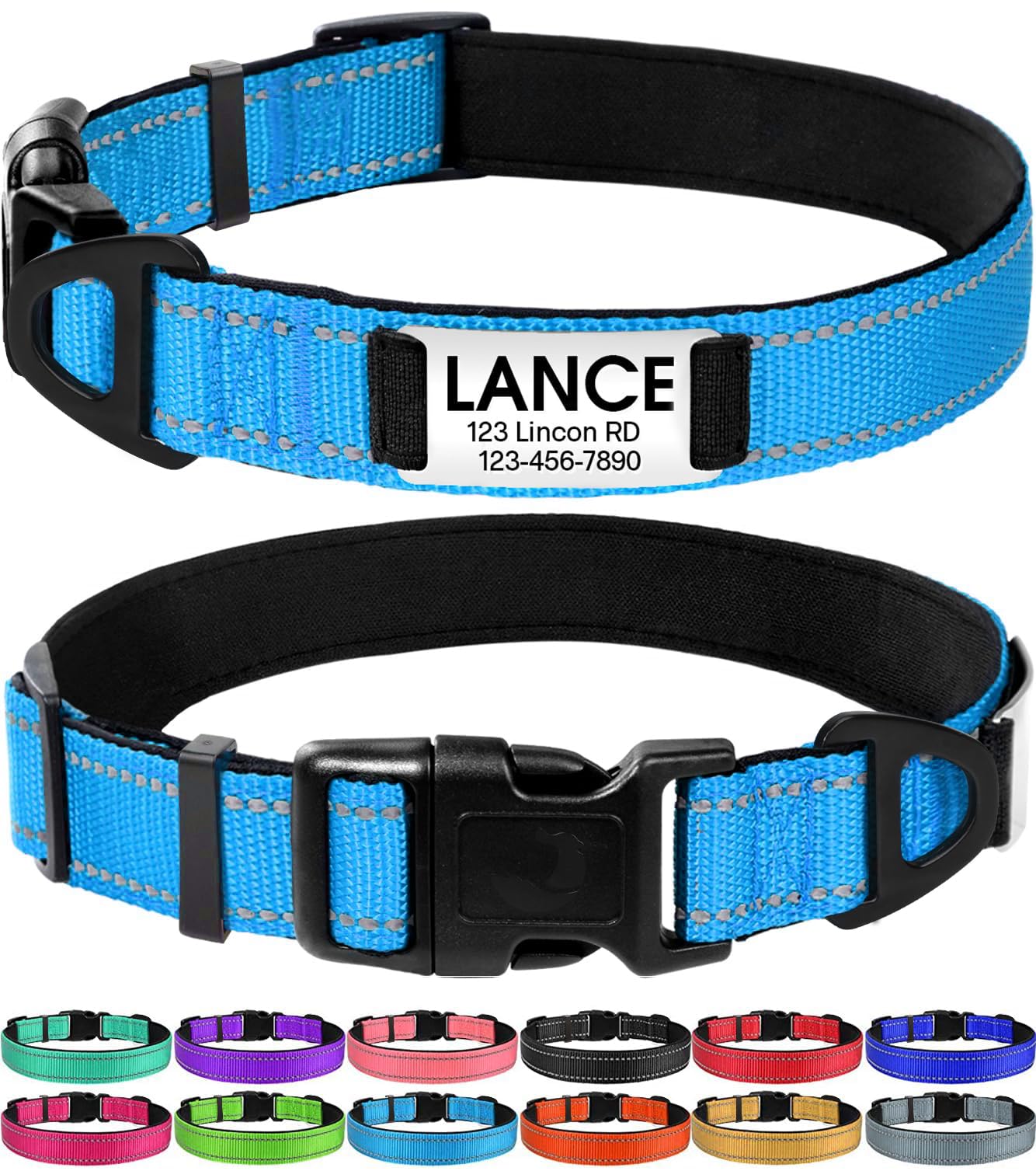 Joytale Personalized Dog Collars, Reflective Nylon Dog Collar With Engraved Name Plate, Customized For Medium Dogs, Sky Blue, M