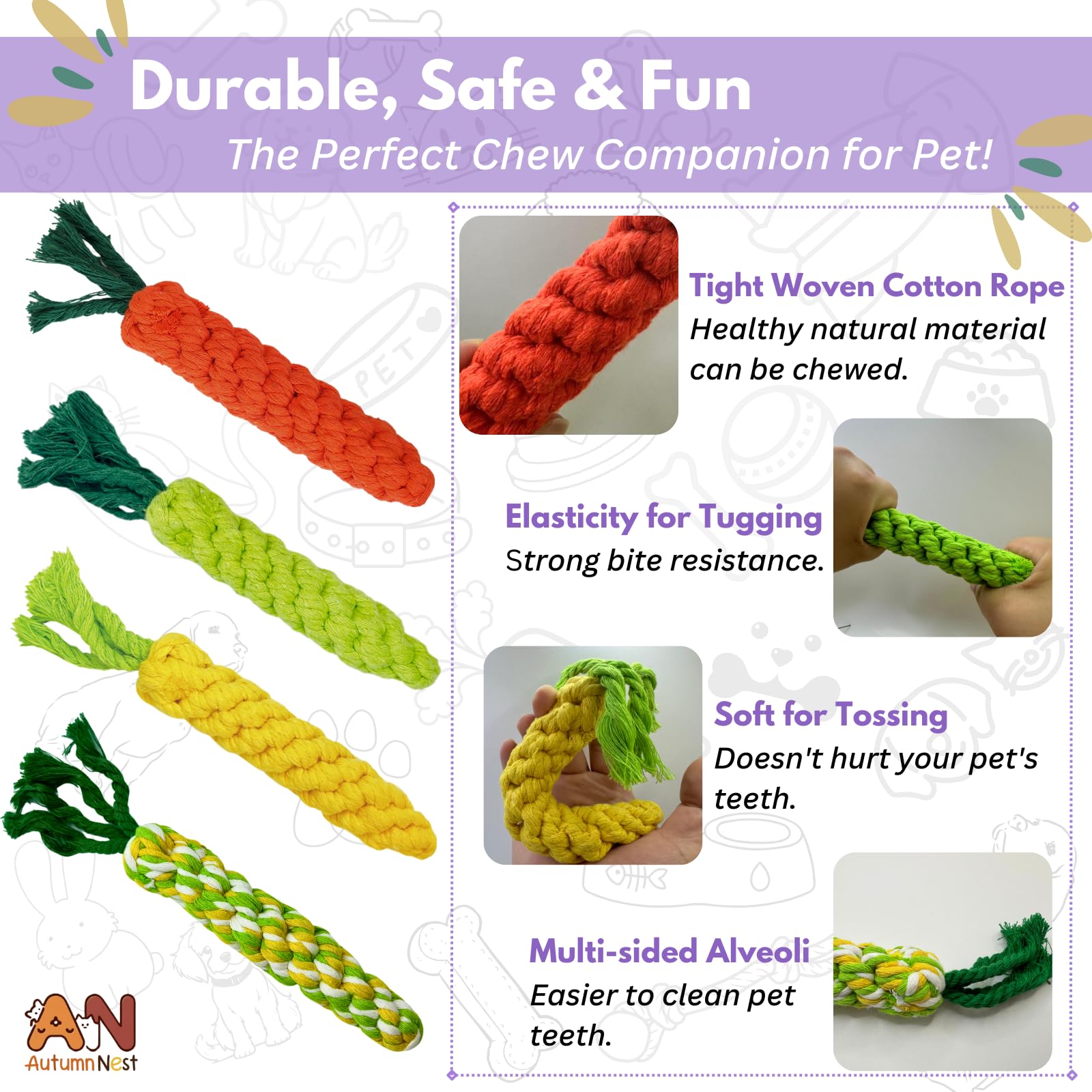 Autumnnest 4Pcs Mixed Color Woven Pet Chew Set (Yellow, Green, Orange, Rainbow), Dog Chew Toys, Cat Teething Toys, Durable & Saf