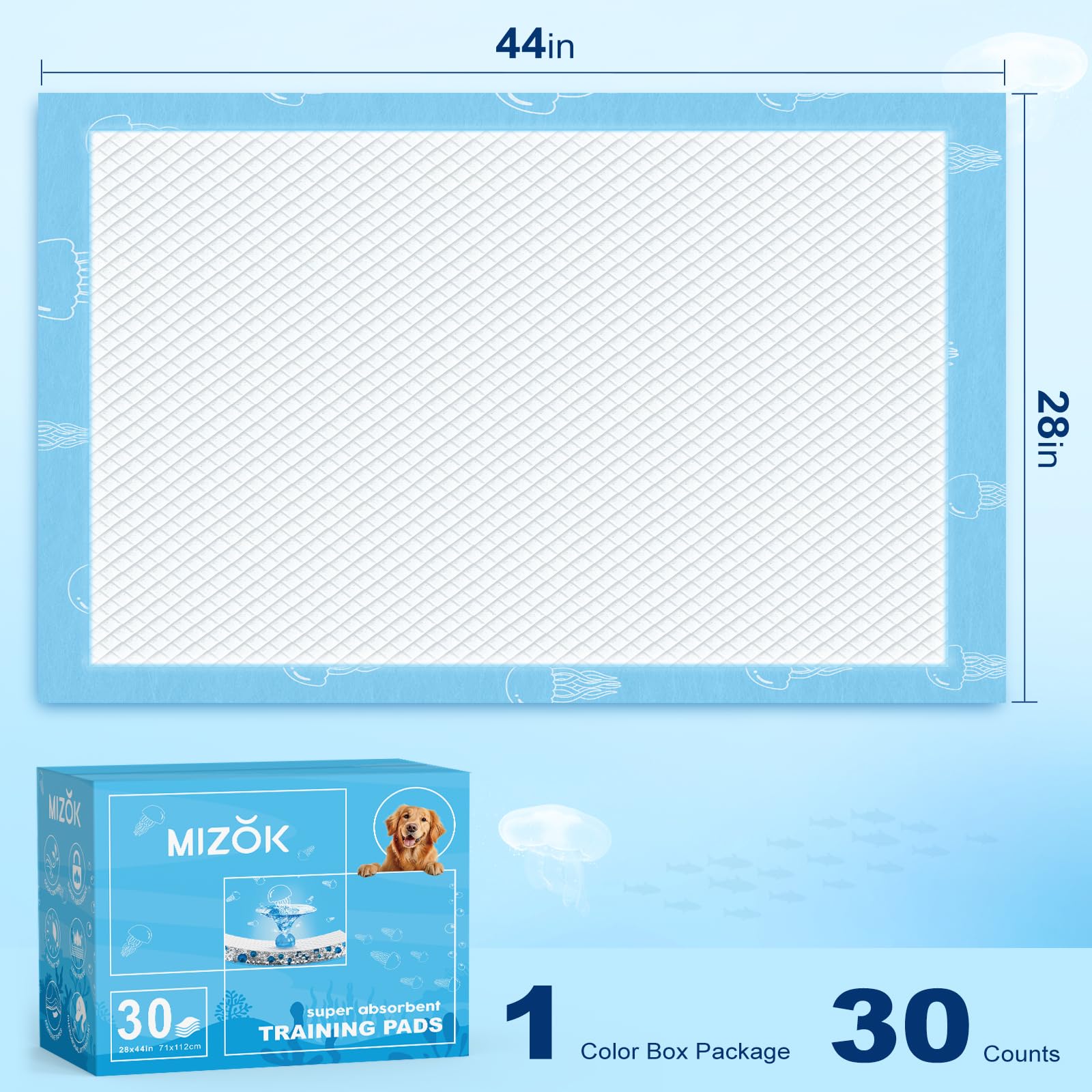 MIZOK Dog Pee Pads 28x44in Extra Long Dog Pads 12 Cups Superior Absorption Leak-Proof Pee Pads for Dogs Marine Scented Odor-Cont