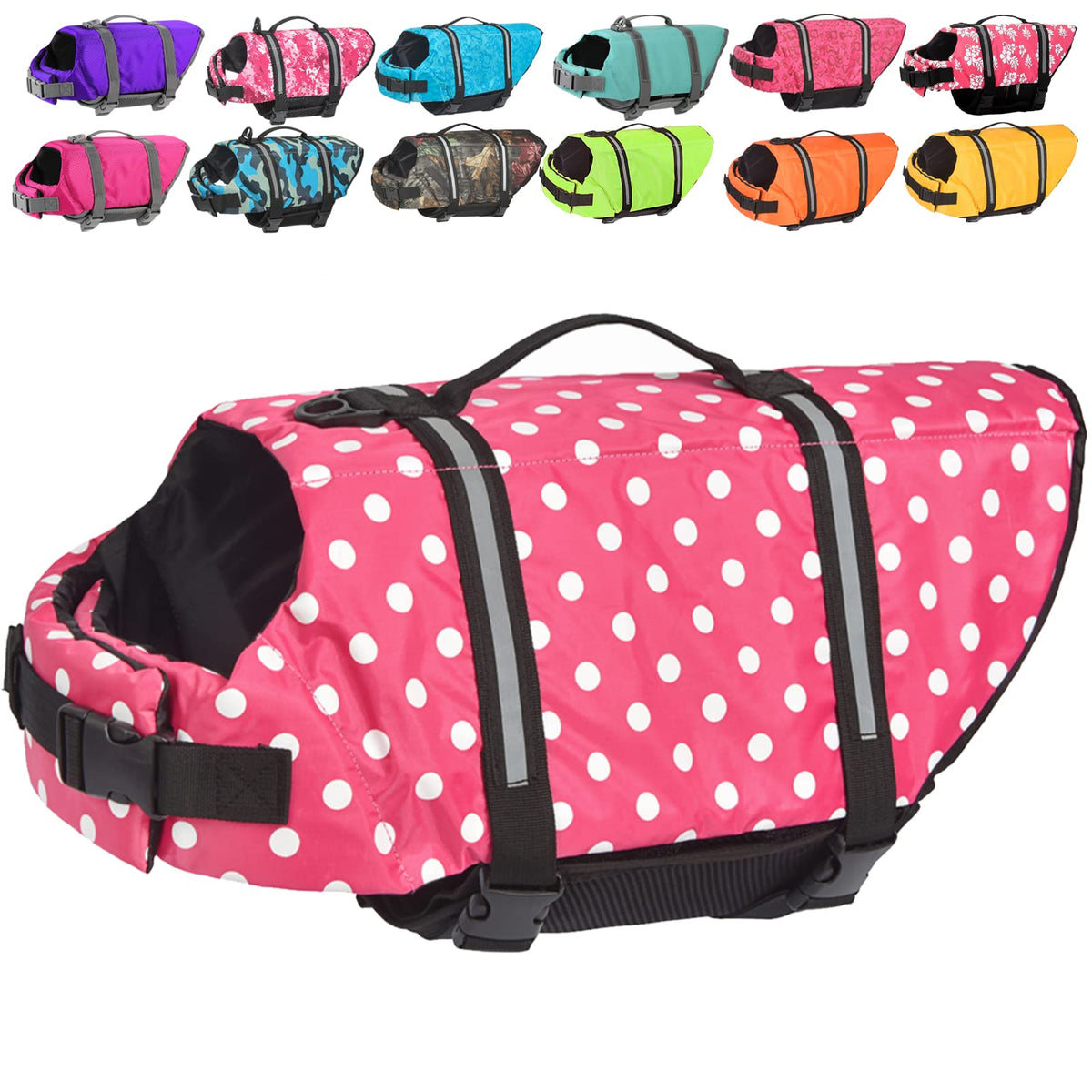 Doglay Dog Life Jacket, Dog Life Vest With Reflective Stripes, Adjustable Doggie Life Jacket Pet Life Preserver With High Buoyancy Dog Lifesaver For Small Medium And Large Dogs(2Xs, Pink Dot)