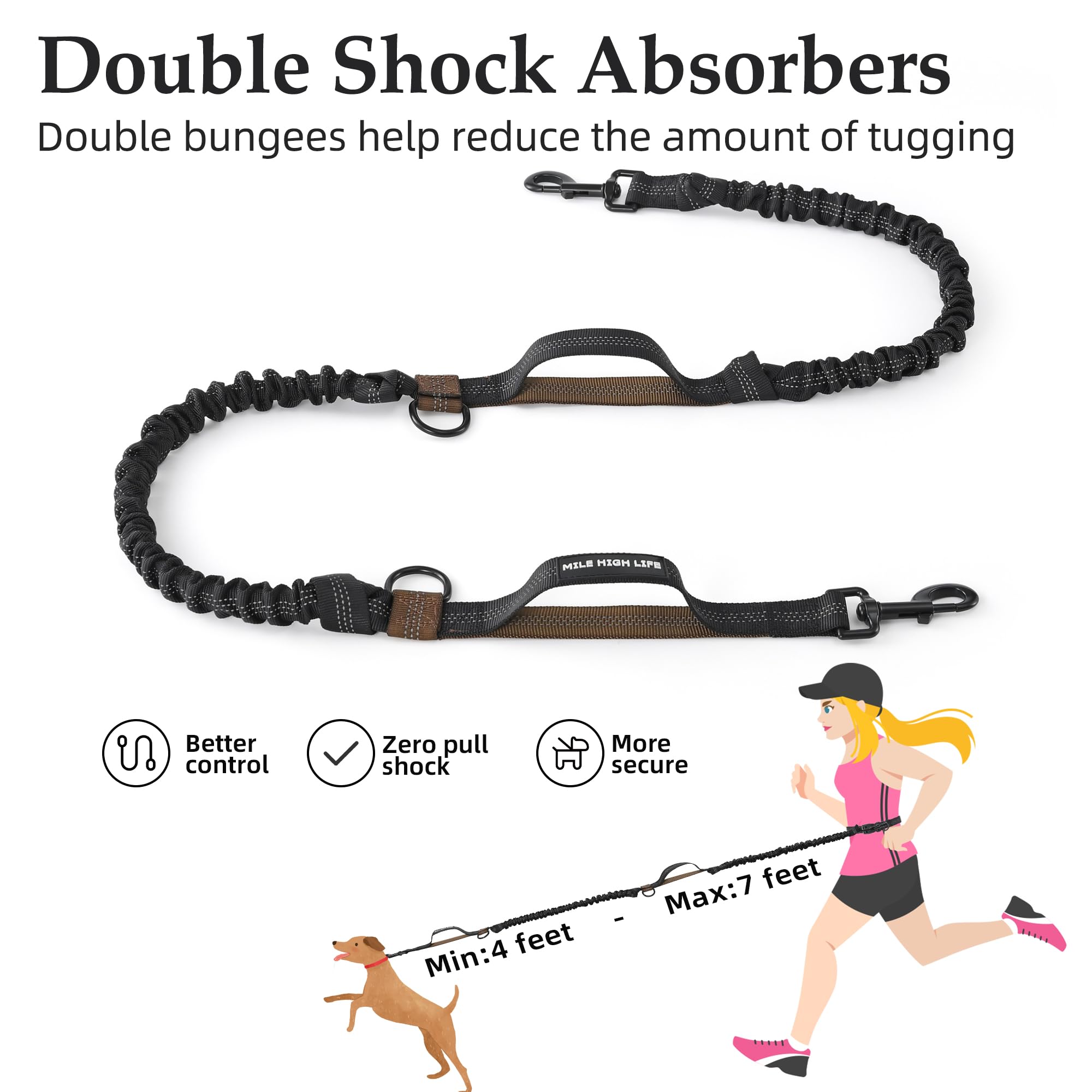 Mile High Life | Retractable Hands Free Dog 7Ft Leash | Waist Running Adjustable | Reflective Dual Black Bungees | Dual Handles | Small Medium Large Dogs | (Brown)
