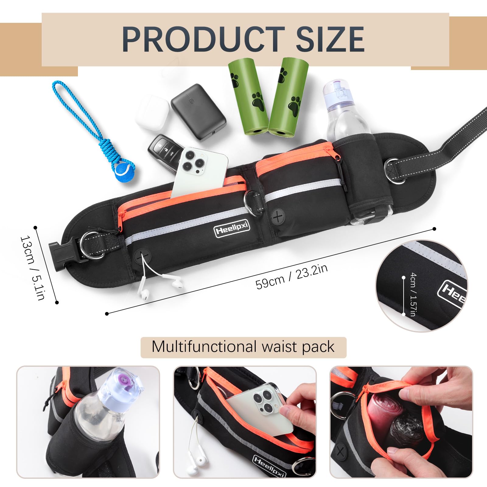 Heellpxi Hands-Free Waist Leash With Pouch For Two Dogs: Reflective Stitching, Dual Handle & Bungee Retractable Design - Ideal F