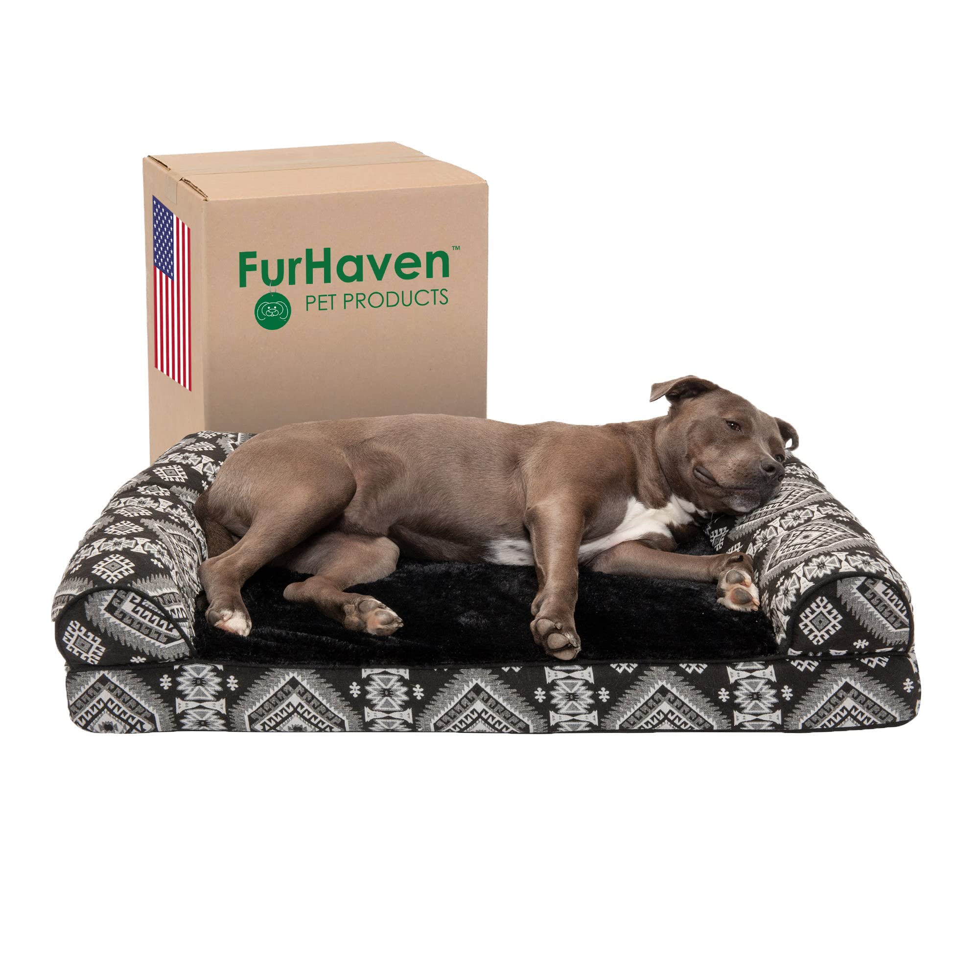 Furhaven Orthopedic Dog Bed For Large/Medium Dogs W/ Removable Bolsters & Washable Cover, For Dogs Up To 55 Lbs - Plush & Southwest Kilim Woven Decor Sofa - Black Medallion, Large