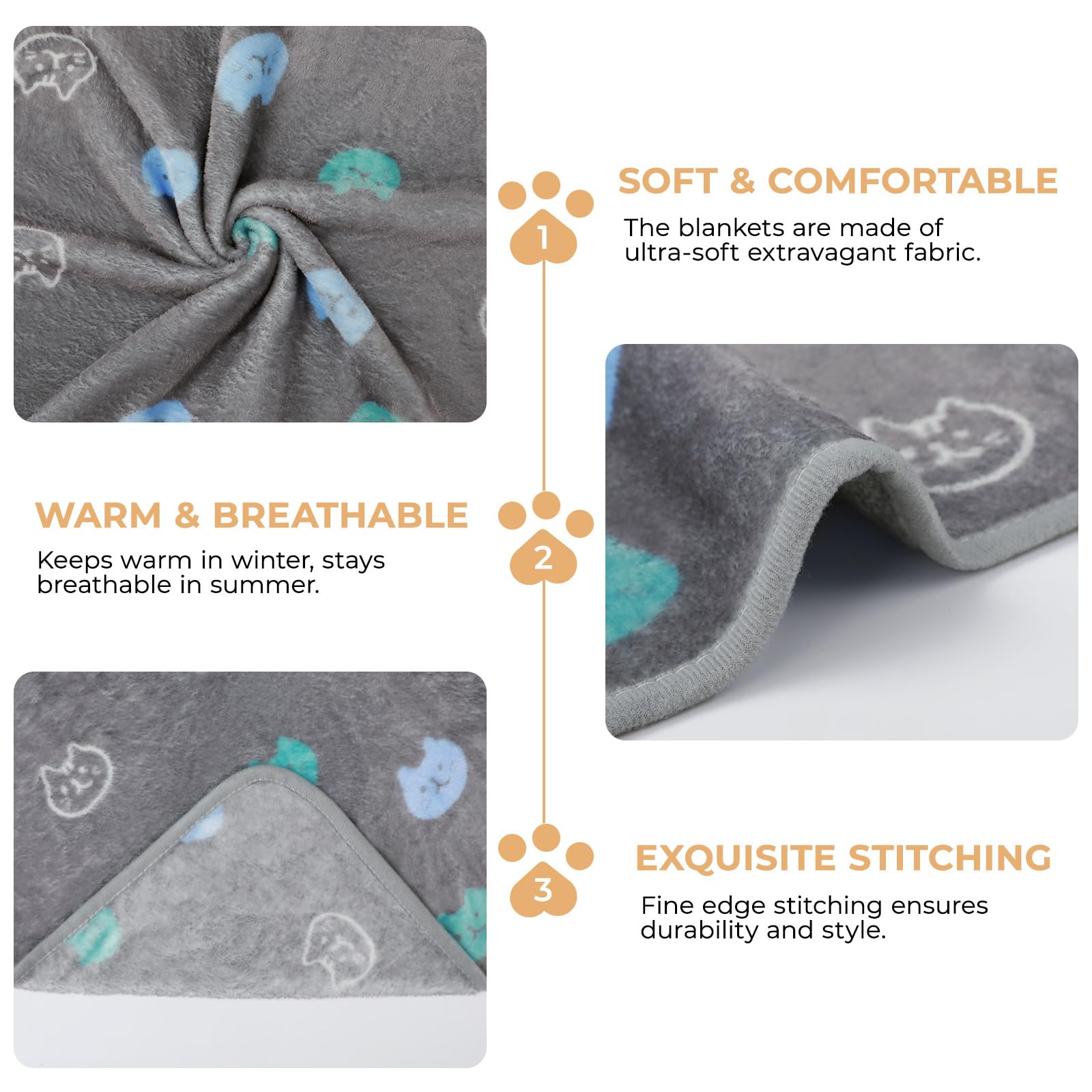 1 Pack 3 Blankets Super Soft Fluffy Premium Cute Cat Pattern Pet Blanket Flannel Throw for Dog Puppy Kitten Blue/Cyan/Grey Small
