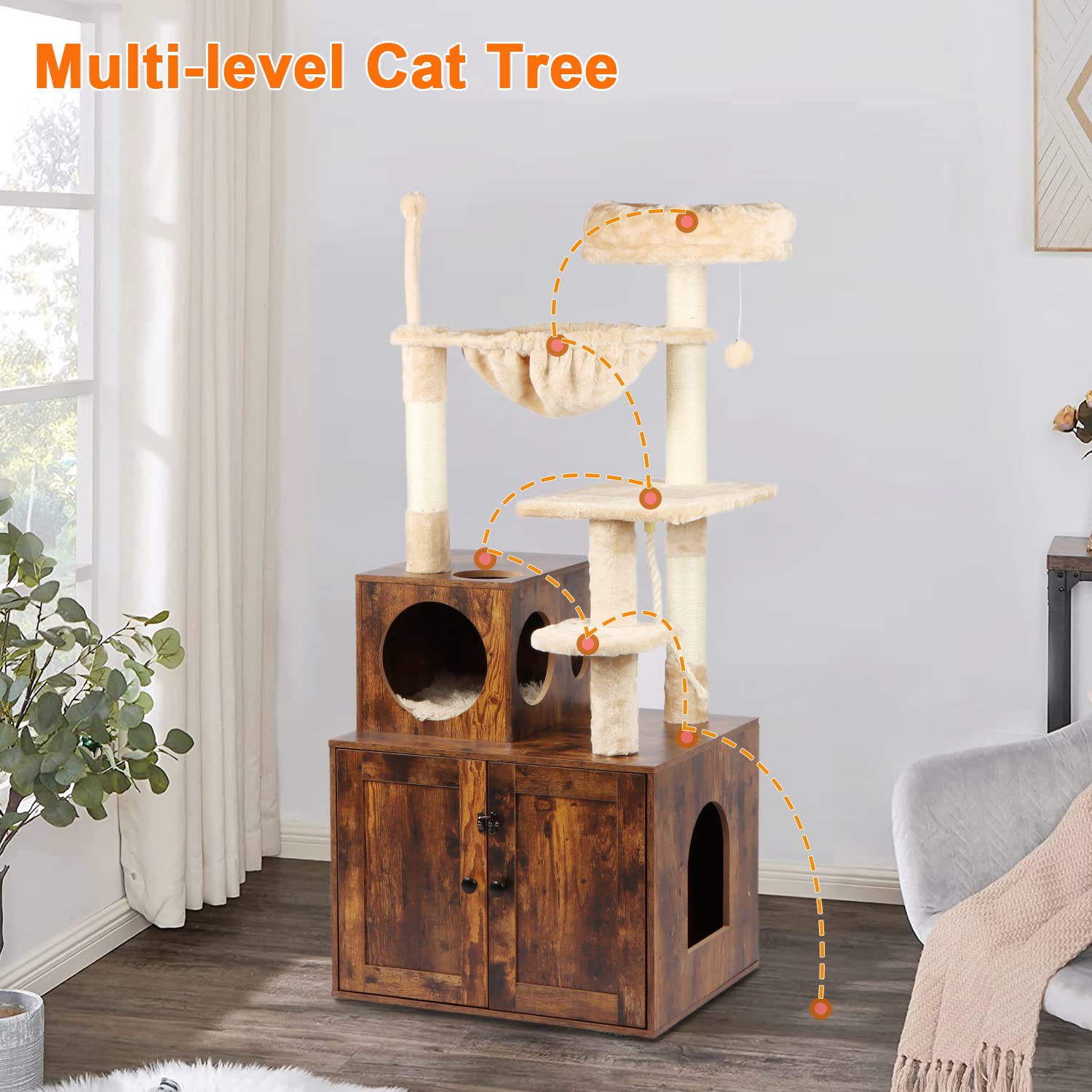 Timberer Cat Tree With Litter Box Enclosure, 2-In-1 Cat Tower For Indoor Cats, Large Wood Cat Condo With Basket, Scratching Post