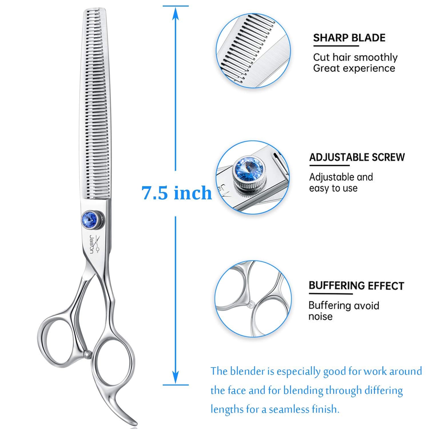 Jason 7.5' 56-Tooth Blending Dogs Grooming Scissors Cats Thinning Shears Pets Blender Thinner Trimming Texturizing Kit With Offset Handle Blue Jewelled Screw (7.5 Inch)