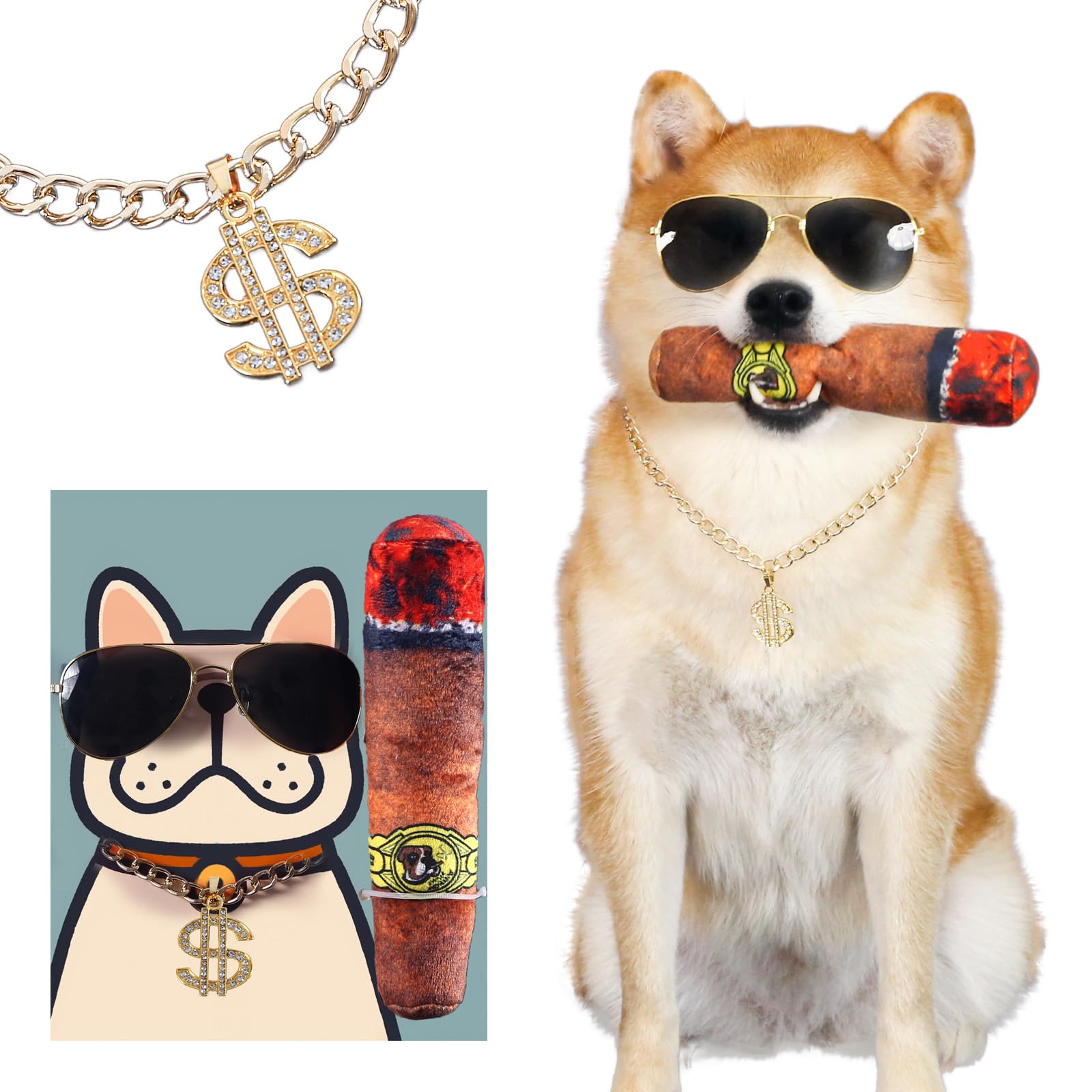 Funny Dog Sunglasses And Gold Chain Toys Set, Cuban Link Necklace With Dollar Sign Charm, Puppy Cat Superstar Costume Outfits Ac