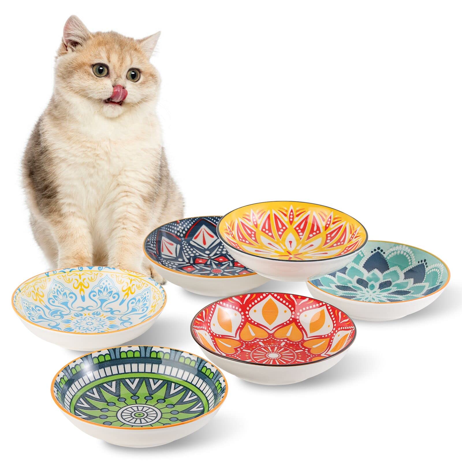 Ceramic Cat Dishes for Food - Colorful Cute Cat Bowl Set of 6 - Wide, Shallow, Whisker Friendly - Microwave and Dishwasher Safe 
