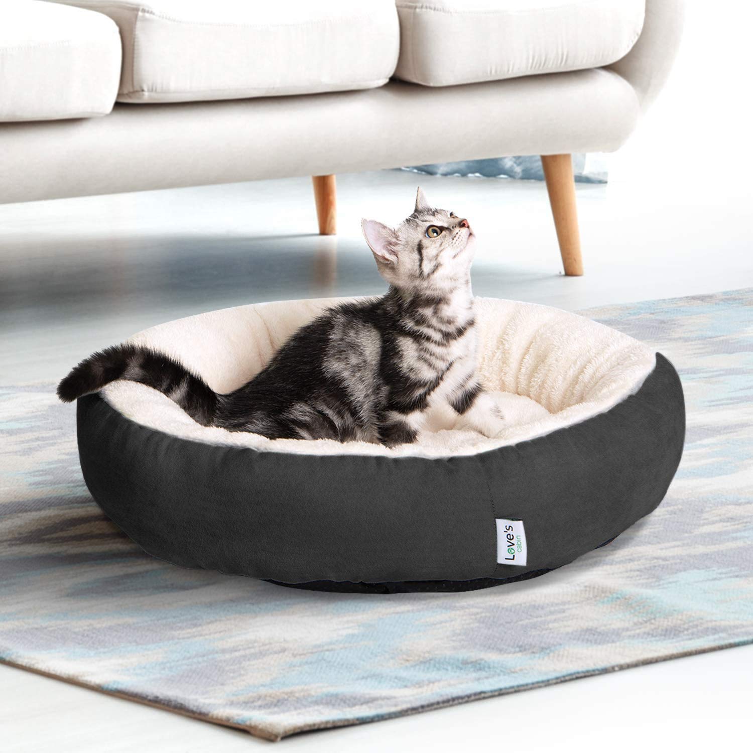 Love'S Cabin Round Donut Cat And Dog Cushion Bed, 20In Pet Bed For Cats Or Small Dogs, Anti-Slip & Water-Resistant Bottom, Super Soft Durable Fabric Pet Beds, Washable Luxury Cat & Dog Bed Dark Grey