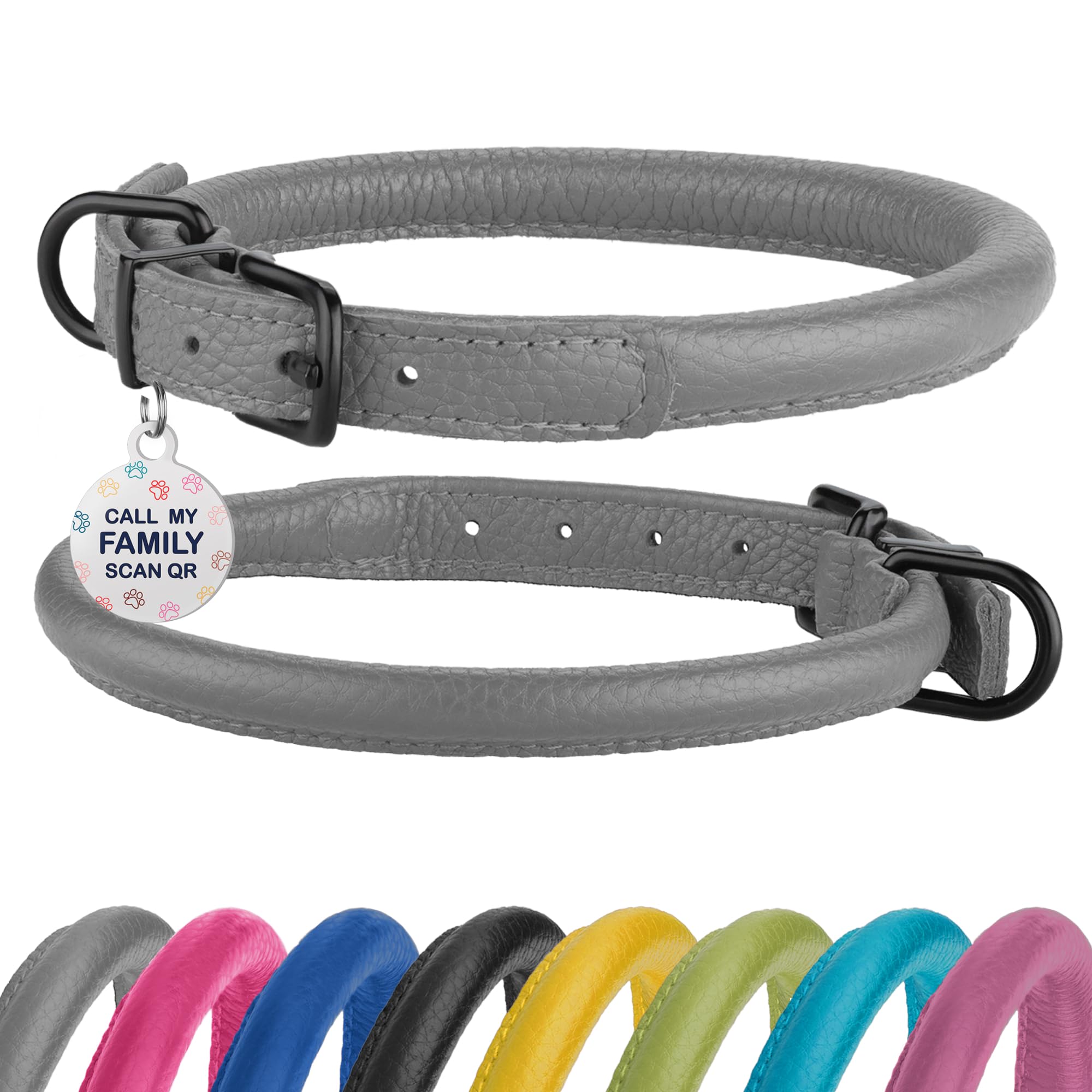 Rolled Leather Dog Collar Soft Round Collars, Id Tag For Small Medium Large Dogs (16-20 Inch, Smoke Grey)