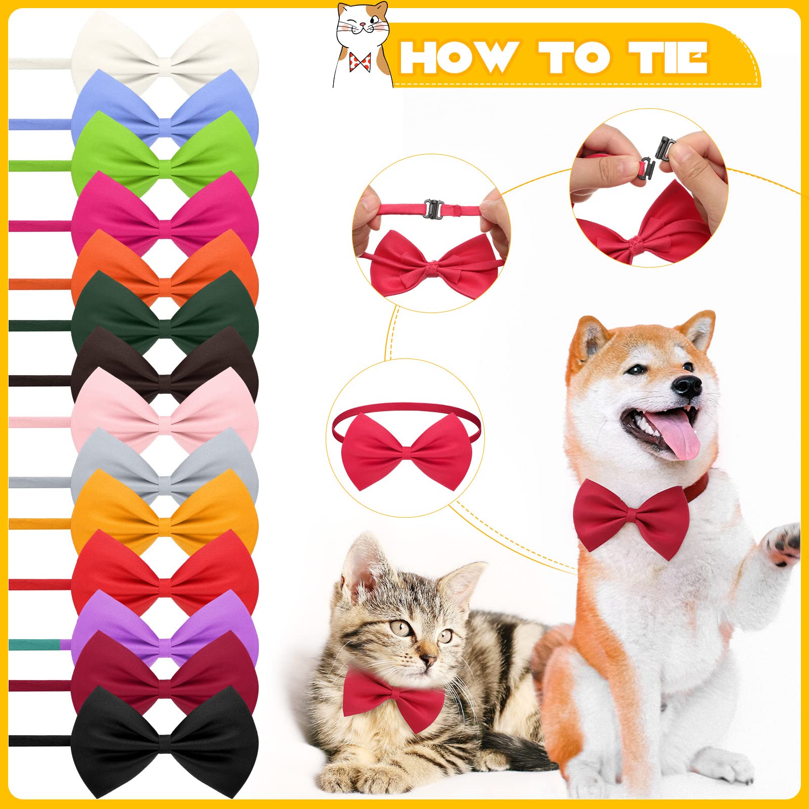 Cindeer 120 Pcs Dog Bow Ties With Adjustable Collar Puppy Neckties Bulk Cat Bowtie Collar Assorted Colors Solid Pet Grooming Bow