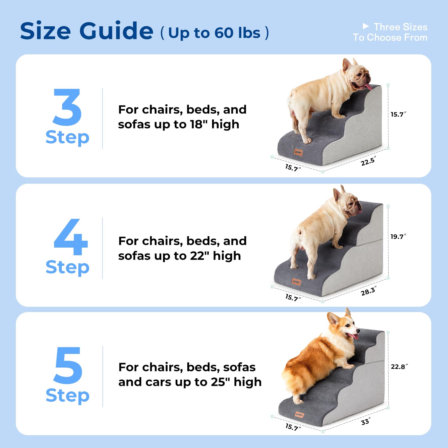 Zomisia Dog Stairs For Small Dogs - Pet Stairs For Couch And Bed, 35D Foam Dog Steps Ramp With Non-Slip Bottom Beige, 3 Steps