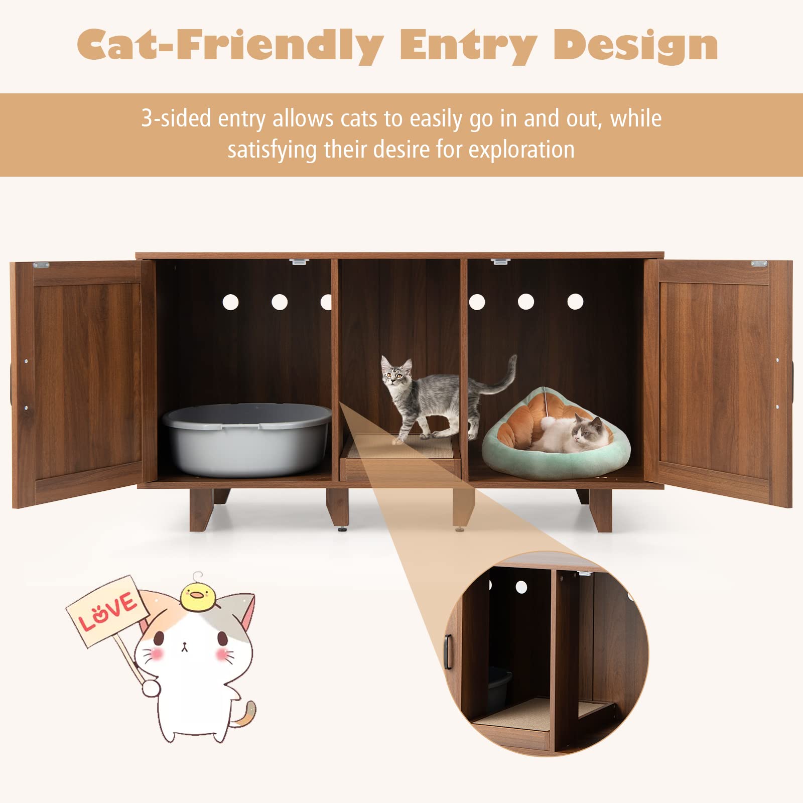 Tangkula Double Cat Litter Box Enclosure For 2 Cats, Large Stackable Hidden Privacy Cat Washroom Cabinet With Scratching Board, Indoor Cat House Tv Stand Side Table, Litter Box Furniture (Brown)
