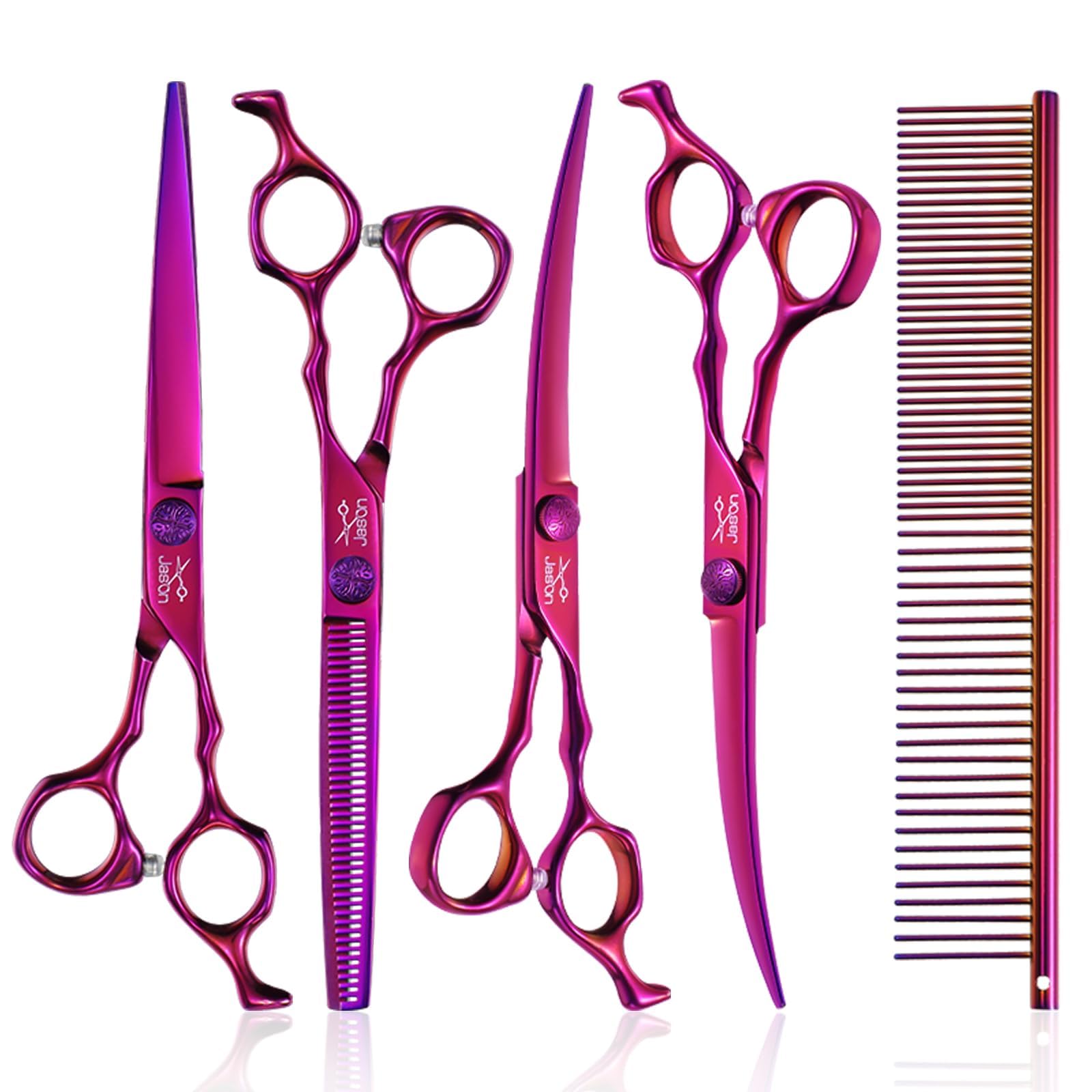 JASON Dog Grooming Scissors Set - Professional 6 in 1 Dog Shears Set - 7 '' Thinning Scissors, 7 '' Straight, 7 '' Up-Curved, 7 