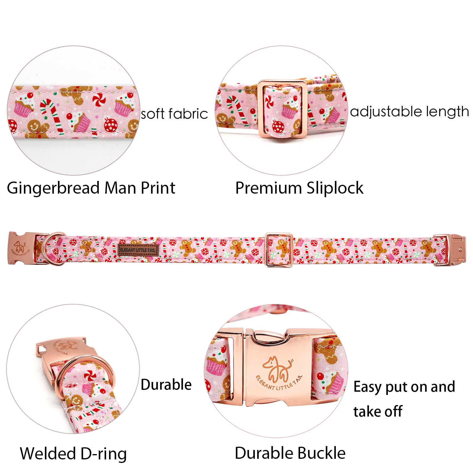 Elegant Little Tail Dog Collar, Christmas Pink Gingerbread Man Print Pet Collar Cute Dog Collars Male Or Female Pet Gift Adjusta