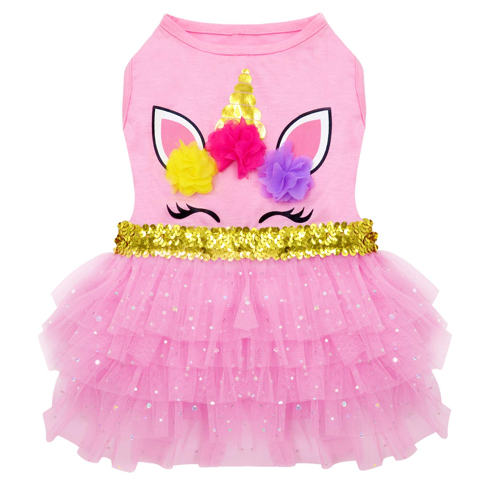 Kyeese Dog Dress Unicorn Tiered Layer Tutu Tulle Dogs Birthday Party Dresses With Sequins Dog Clothes X-Small