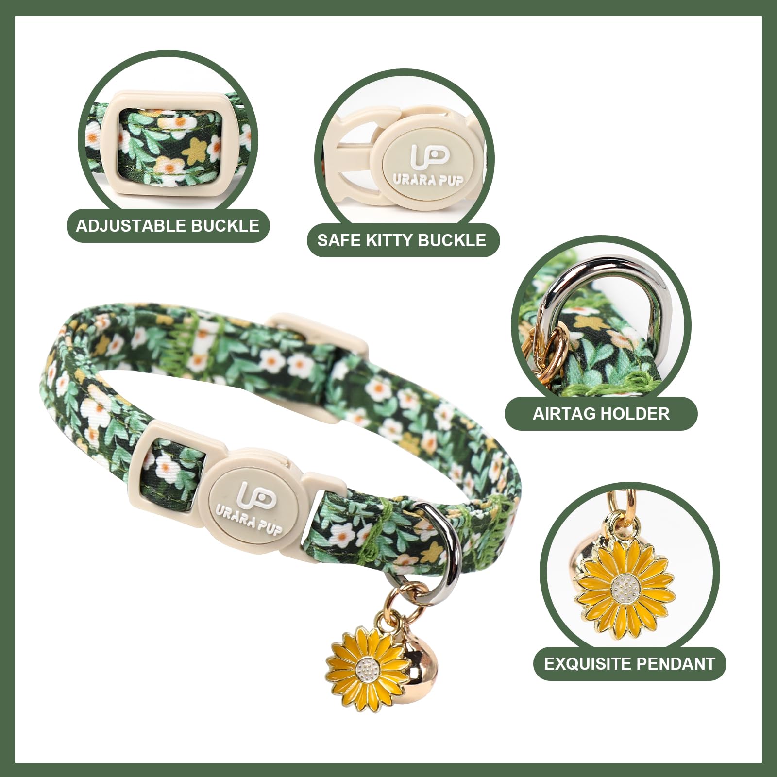 Up Urara Pup Cat Collar, 2Pack Flower Cats Collars-Cute Summer Breakaway Cat Collar With Bell & Pendant, Pretty Flower Kitten Co