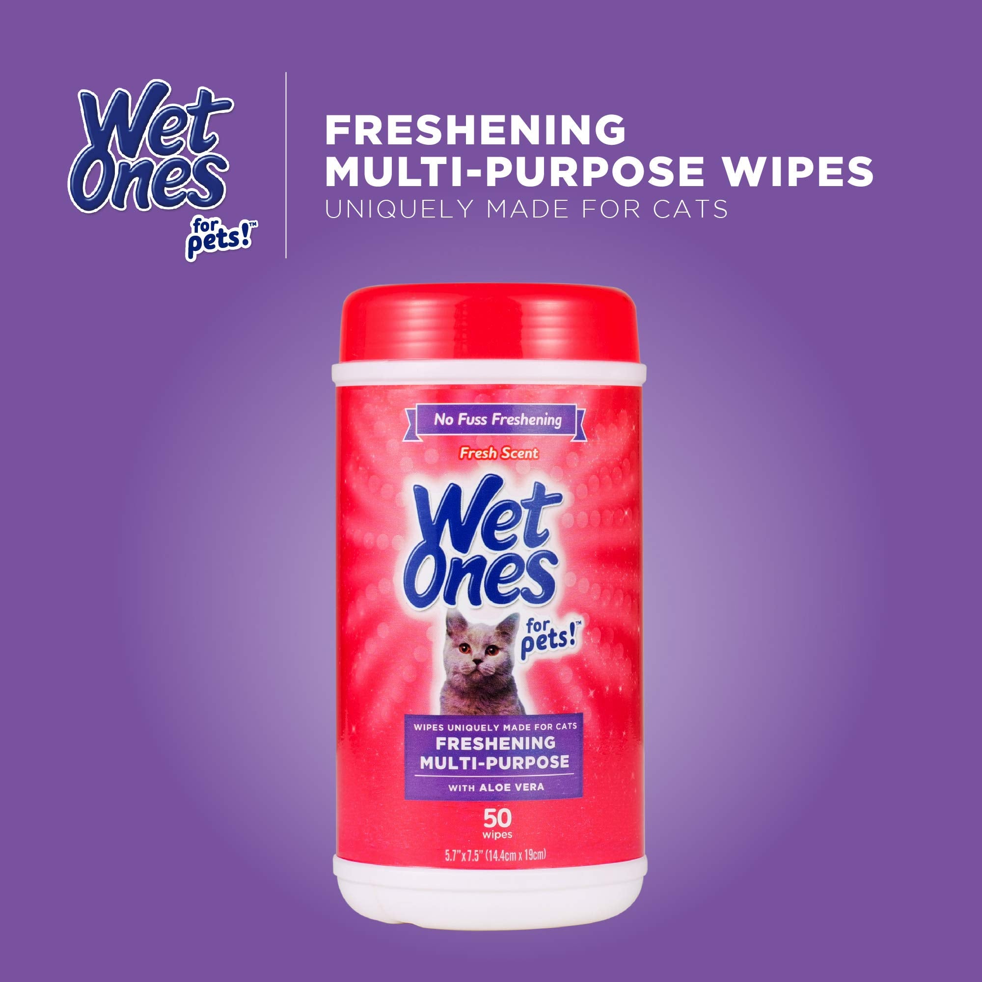 Wet Ones Freshening Multipurpose Wipes for Cats, 50 Count - 3 Pack, Aloe Vera, Easy to Use Grooming Wipes, Model FF12853PCS3