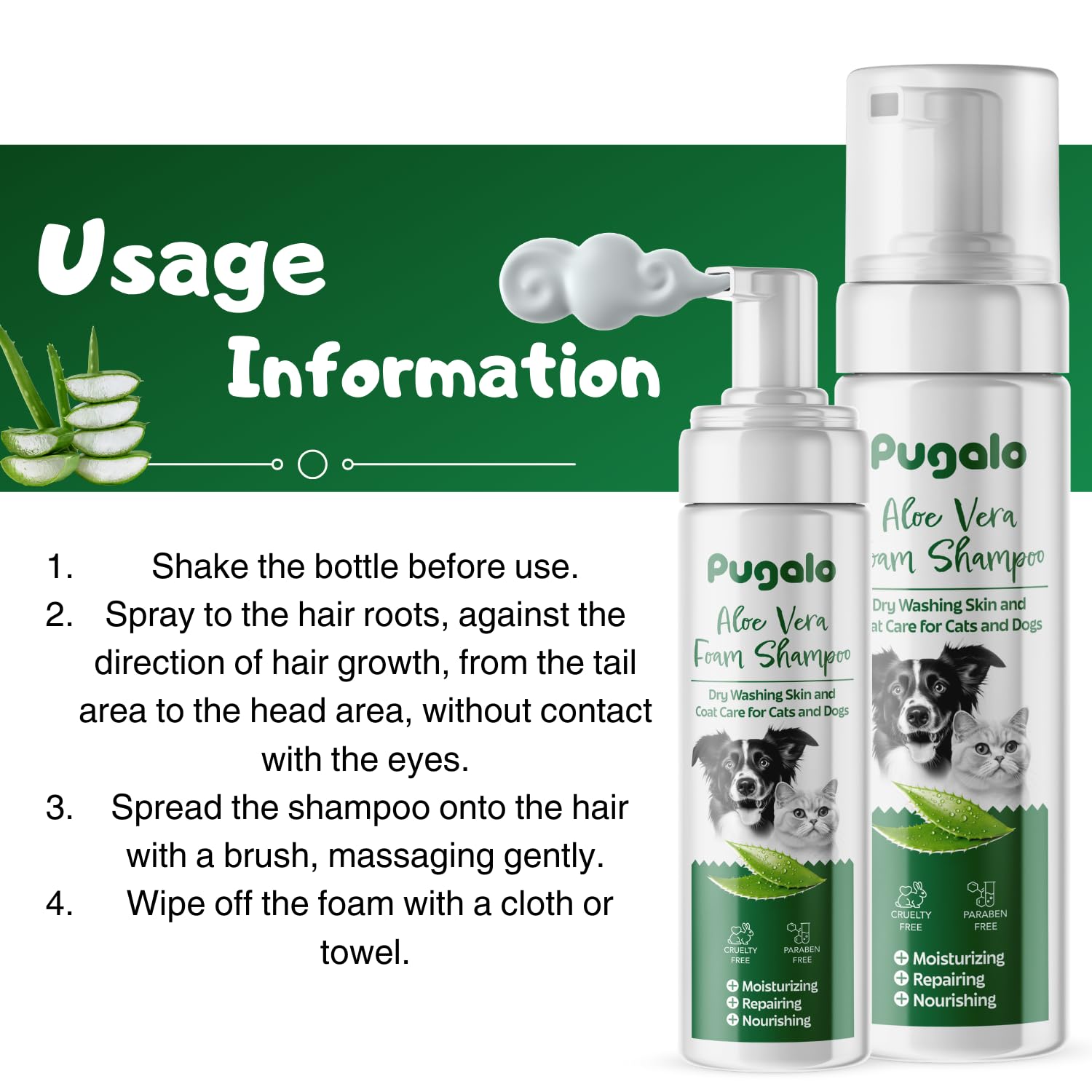 Waterless Cat & Dog Shampoo With Aloe Vera - 200Ml No-Rinse Foam Cleanser & Conditioner - Dry Shampoo For Smelly Pets