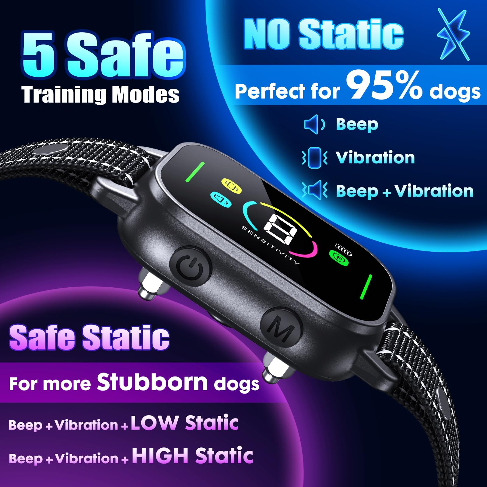 Nhujk Smart Bark Collar For Dogs, Rechargeable Anti-Bark Training Collar With Beep, Vibration & Harmless Static, 8 Sensitivity L