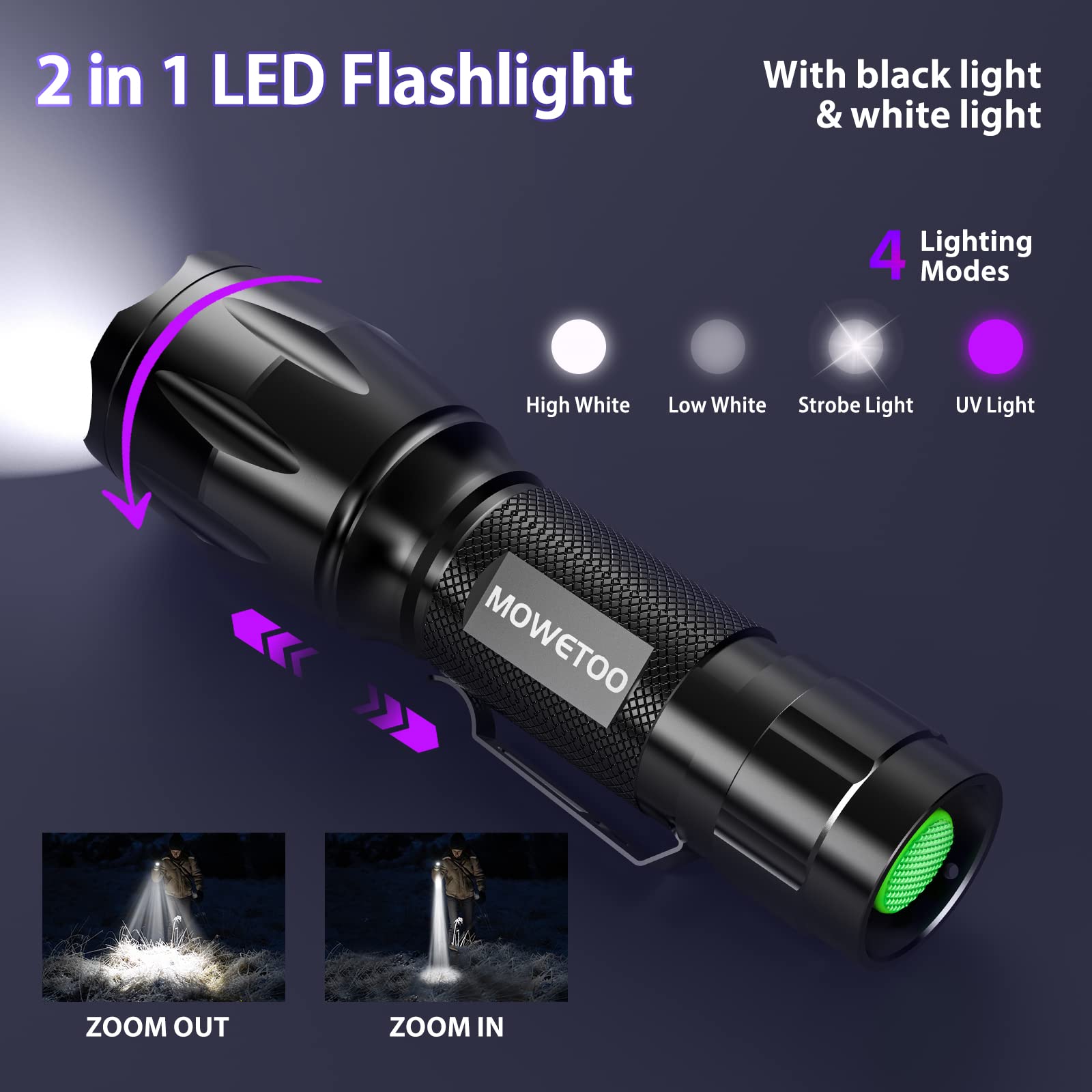 MOWETOO UV Flashlight, Portable Blacklight Flashlight, LED Torch with White and Ultraviolet Light Combo, Black Light Pet Urine D