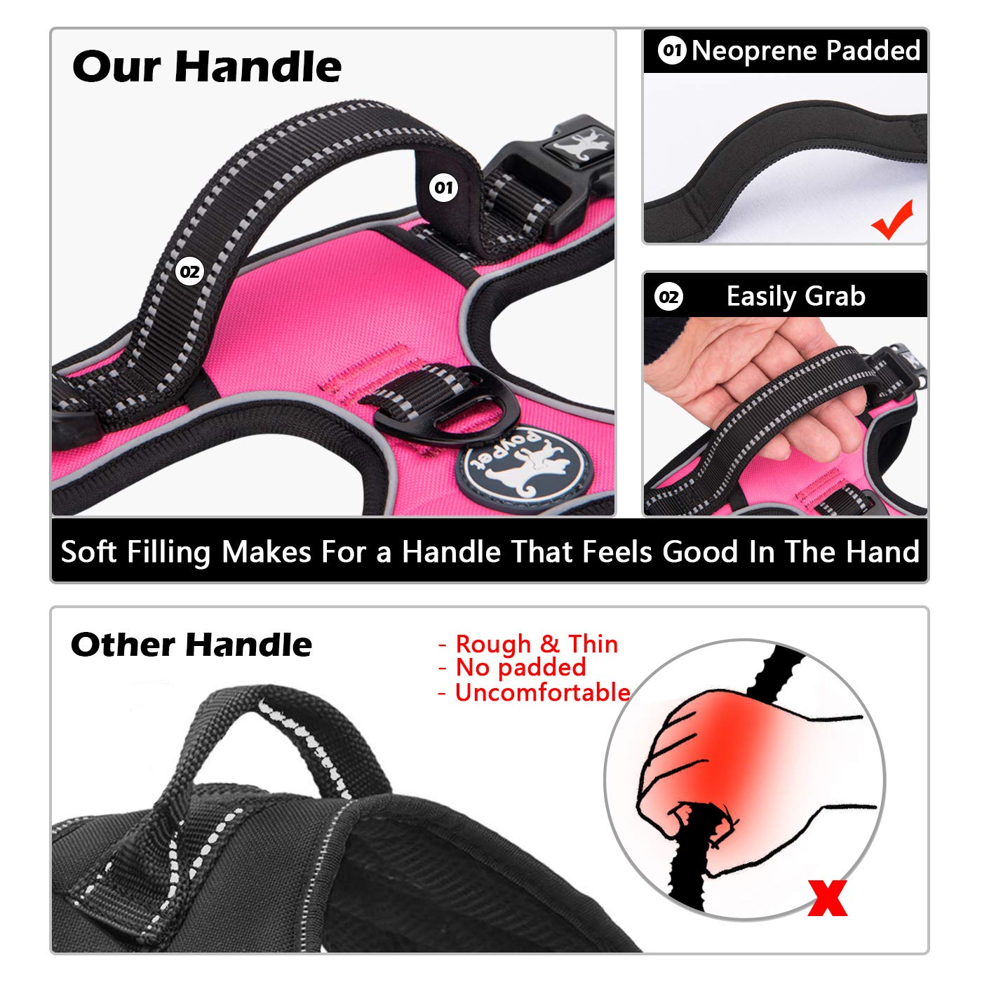 Poypet No Pull Dog Harness, No Choke Front Clip Dog Reflective Harness, Adjustable Soft Padded Pet Vest With Easy Control Handle For Small To Large Dogs(Pink,L)