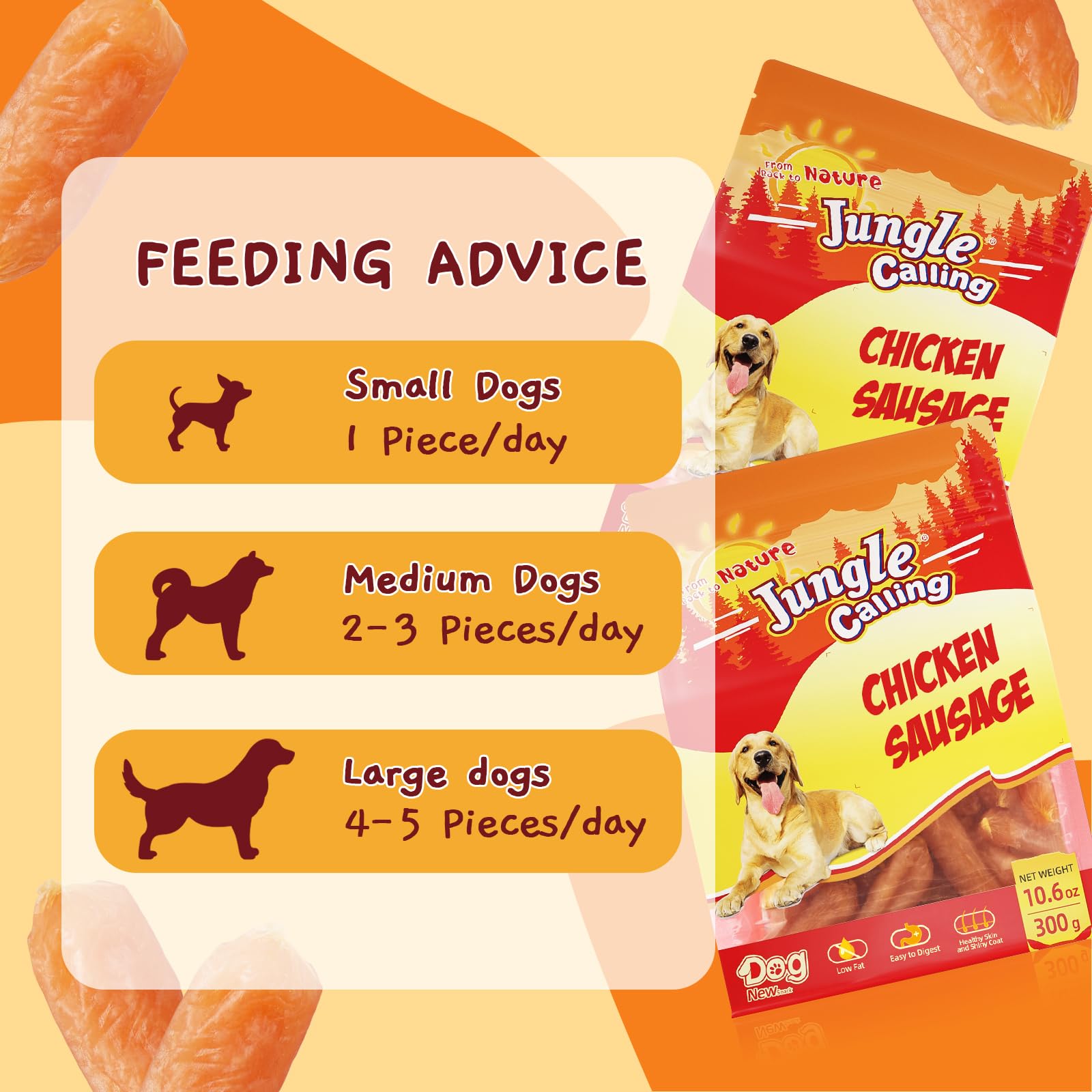 Jungle Calling Chicken Sausage Dog Treats, Slow Roasted Chicken Jerky for Small & Medium Dogs, Grain-Free, High-Protein Chewy Do