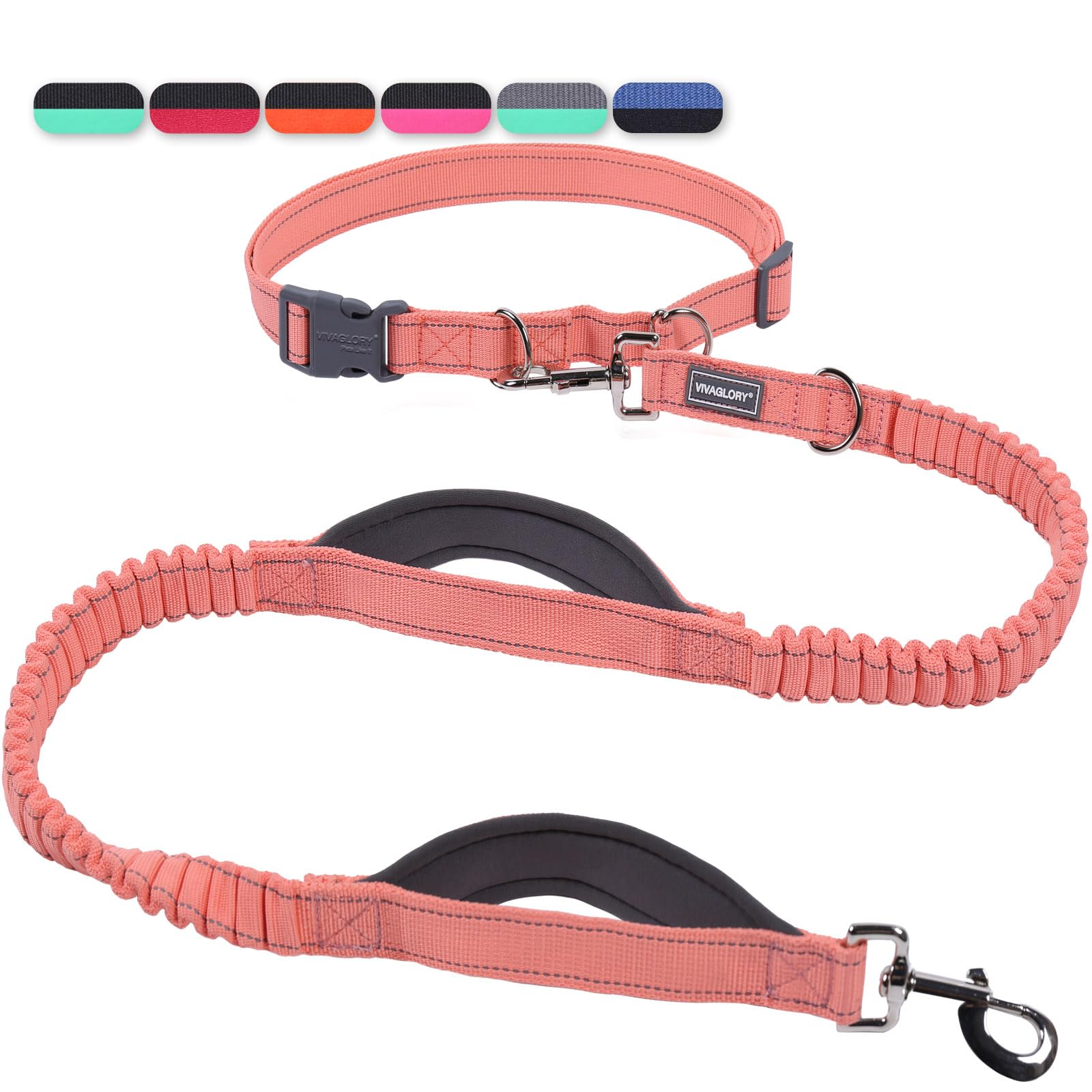 Vivaglory Hands Free Dog Running Leash With Dual Advanced Anti-Shock Bungees And Padded Handles, Reflective Waist Jogging Leash With Adjustable Belt For Training For Medium Large Dogs, Pink/Grey