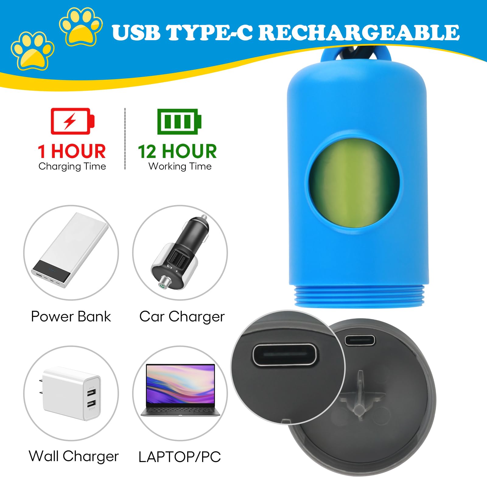 Novkin Rechargeable Dog Poop Bag Dispenser With Safety LED Flashlight, Pet Waste Bag Holder with Carabiner Clip For Leash, Colla