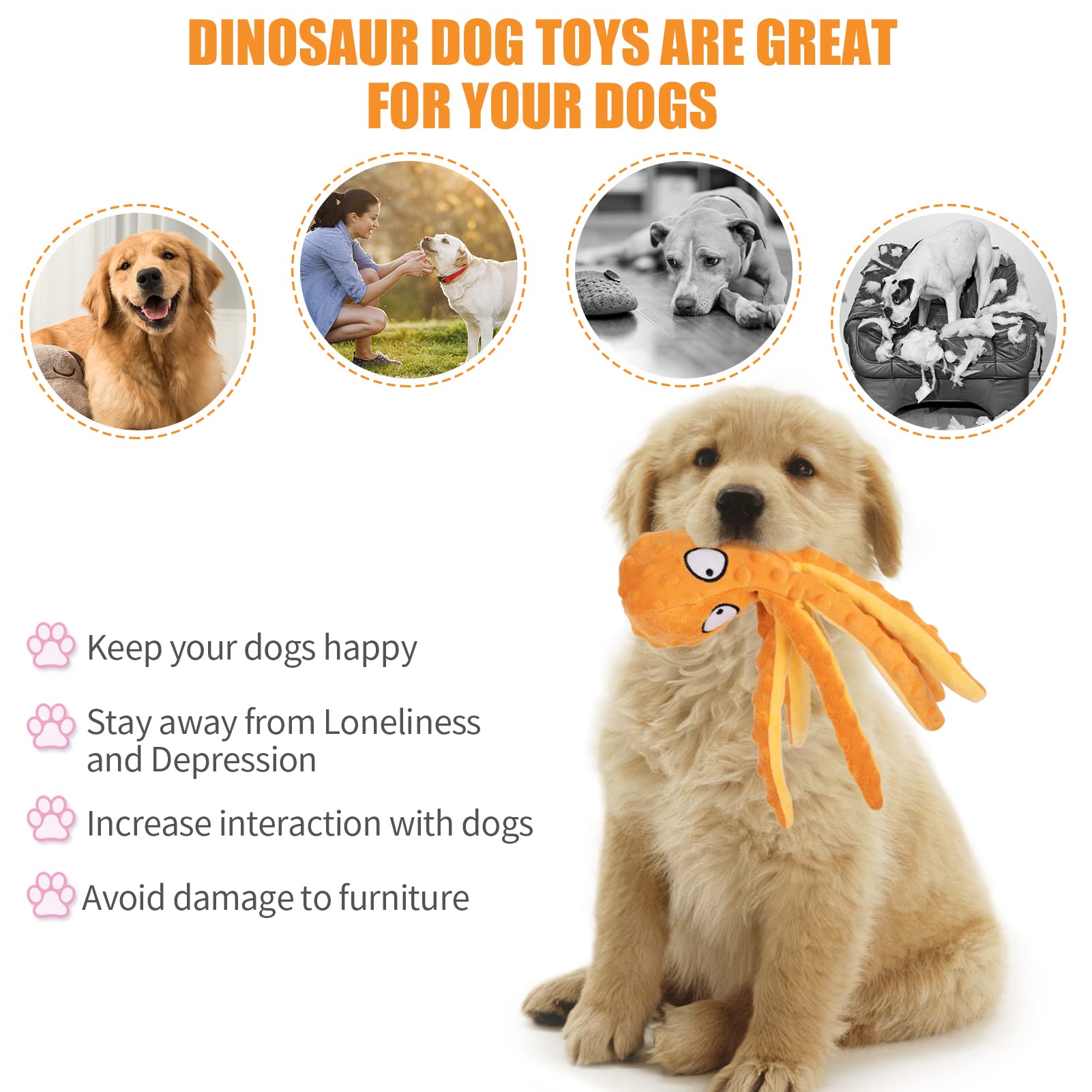 Alphatool Squeaky Dog Toys, Octopus Dog Toys For Aggressive Chewers, Tough No Stuffing Plush Dog Toys For Large Dogs, Crinkle Interactive Puppy Dog Toys For Small Medium Dogs(3Pcs)